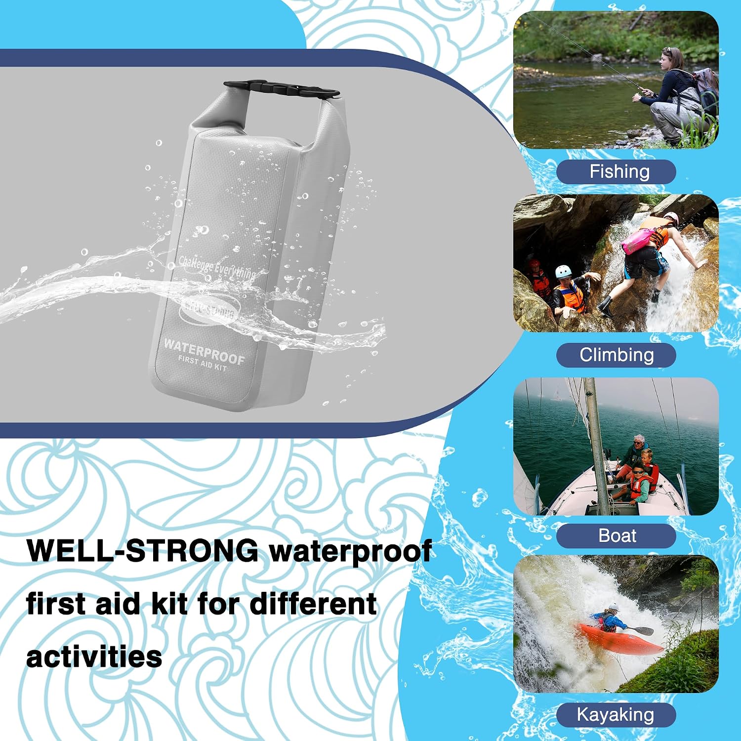 Waterproof First Aid Kit Roll Top Boat Emergency Kit with Waterproof Contents for Fishing Kayaking Boating Swimming Camping Rafting Beach Red