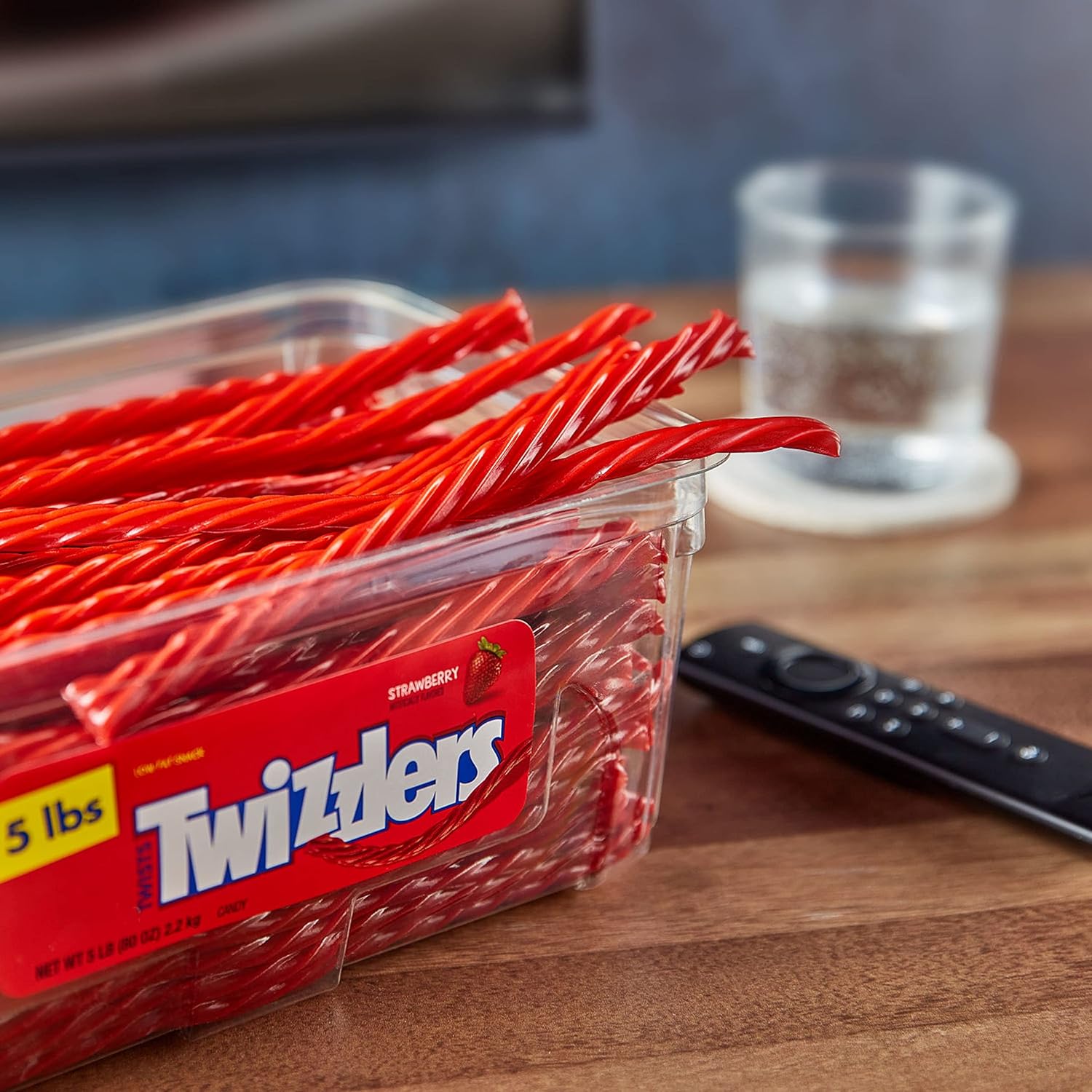 TWIZZLERS Twists Strawberry Flavored Licorice Style Candy Tub, 5 lb | Bulk Candy, Low Fat and Kosher, Resealable Tub for Parties