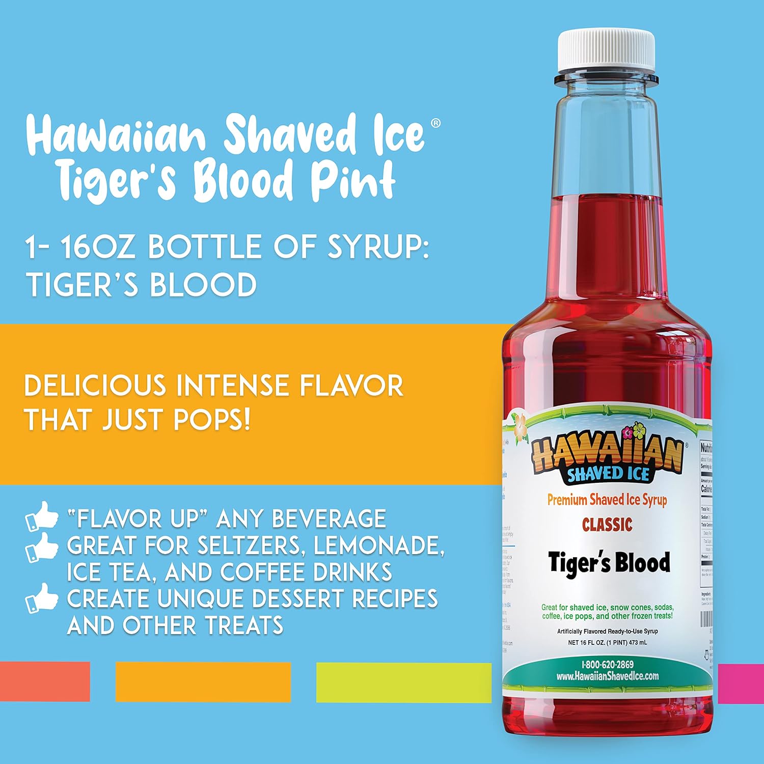 Hawaiian Shaved Ice Blue Raspberry Syrup - Made Nut Soy Dairy Free in the USA - Flavor Fluffy Shaved & Crunchy Snow Cone - Shelf Stable After Opening - Makes 8 Servings - 16 ounces