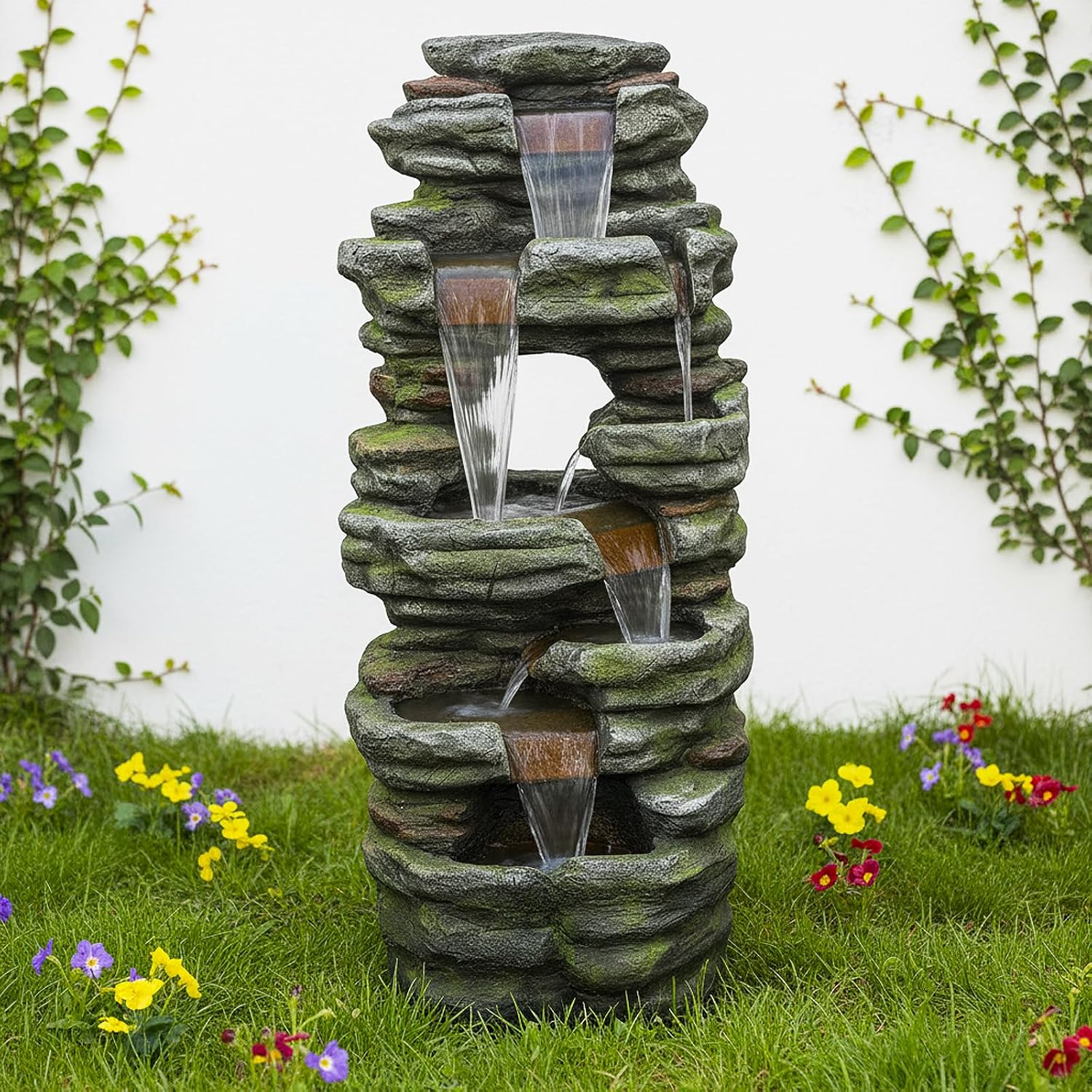 SunJet 40.5” High Rocks Outdoor Water Fountain - 6-Tiers Cascading Waterfall with LED Lights, Soothing Tranquility for Home Garden, Yard Decor