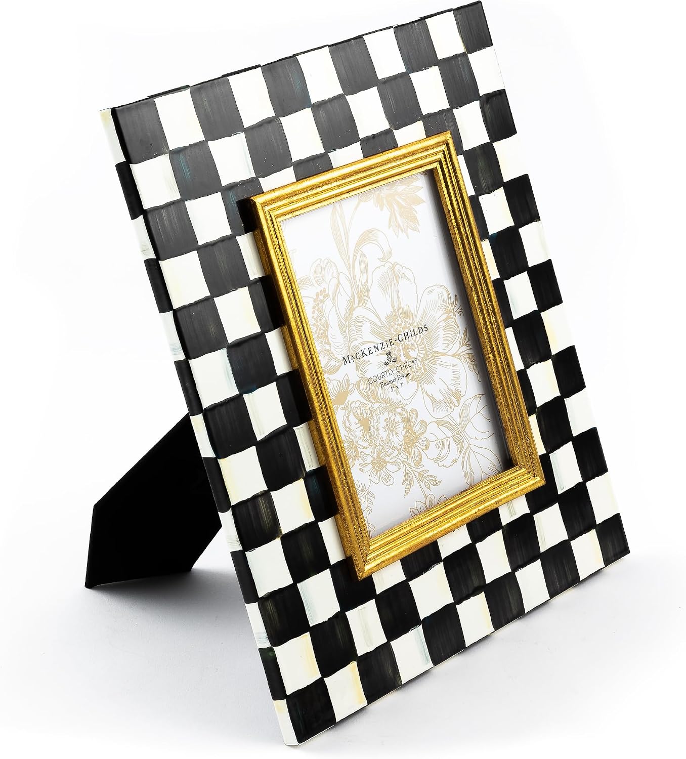 MACKENZIE-CHILDS 5x7 Picture Frame, Black-and-White Courtly Check | Fits 5x7 photos, made from enameled steel with glass pane, linen easel back