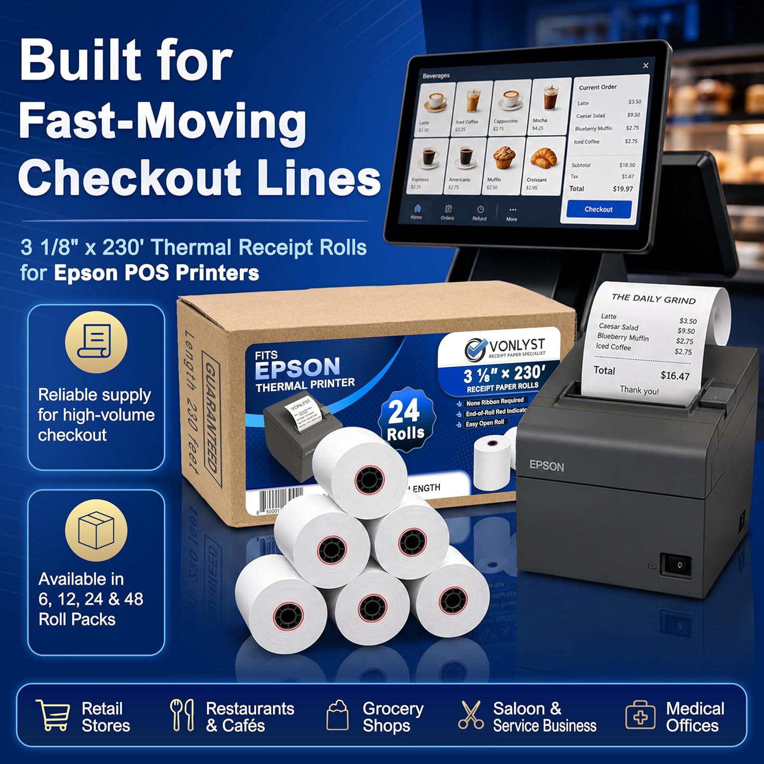 3 1/8 x 230 Thermal POS Rolls for Epson Printers, BPA Free Thermal Printing Compatible with TM-T88 TM-T70 TM-T80 TM-T85 TM-H6000 T90 Series