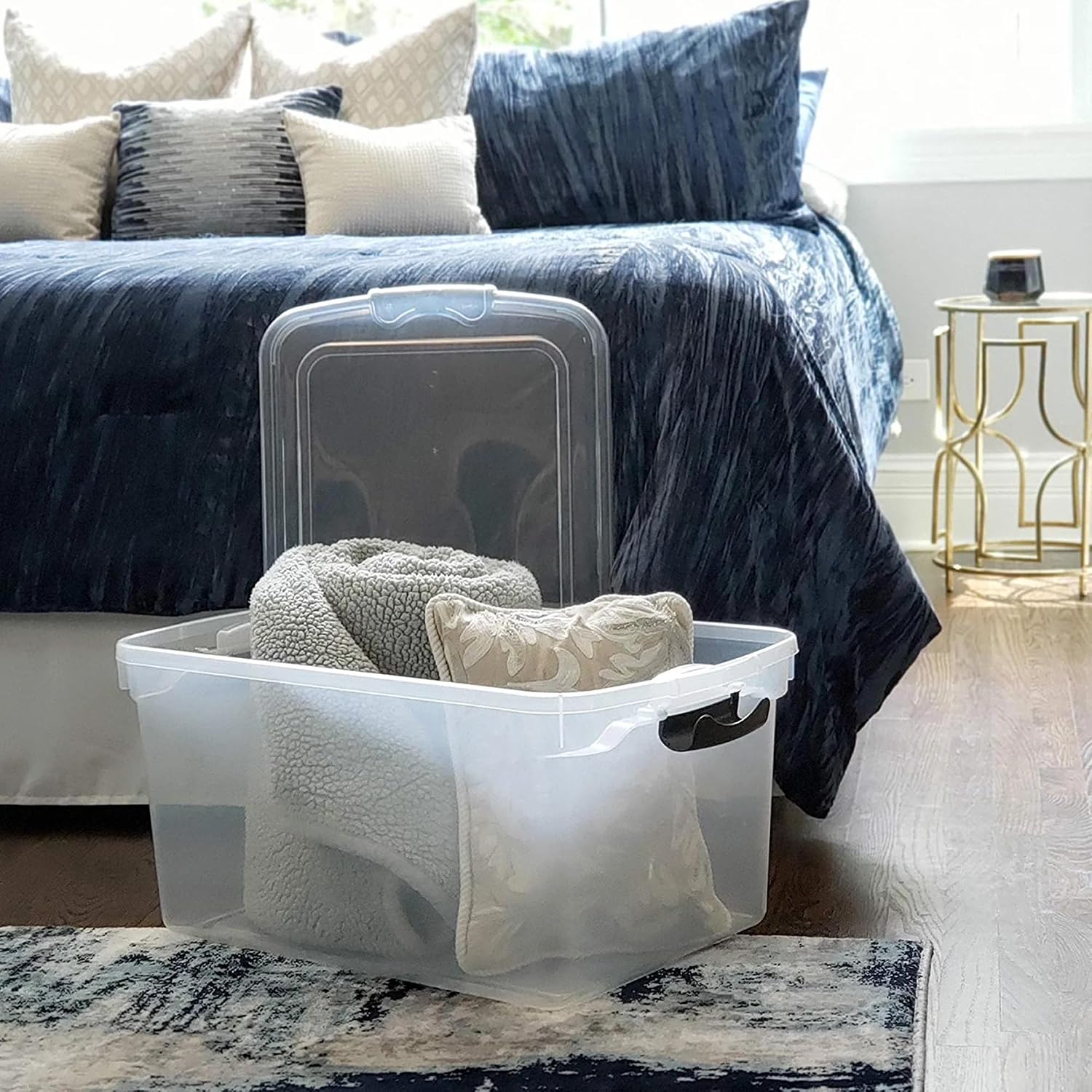 HOMZ Clear Plastic Storage Bins with Latching Lid, 15.5 Qt, Blue, 4 Pack | Stackable Container Set for Home, Office Shelves, Kitchen, Garage, and Bathroom Organization
