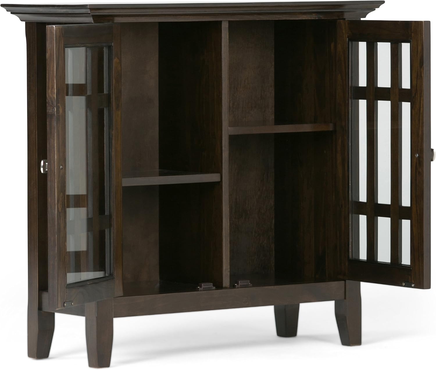 SIMPLIHOME Bedford 62" Wide Solid Wood Sideboard in Brunette Brown | Transitional low media console with glass doors and storage shelves for the living room, entryway or dining room.