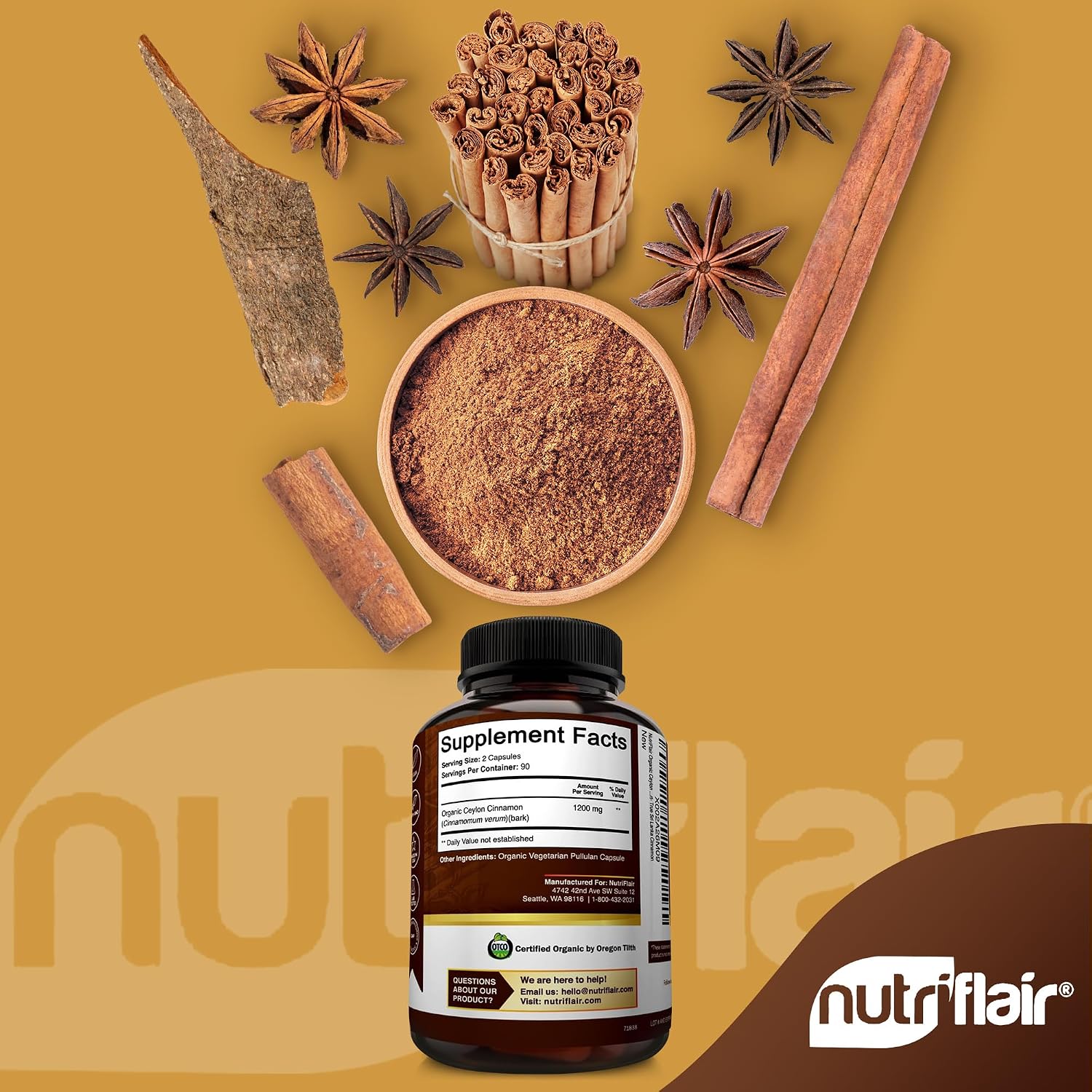 NutriFlair Organic Ceylon Cinnamon Supplement 1200mg, 120 Capsules - USDA Certified - Non-GMO, Gluten Free Powder, Antioxidant Pills
