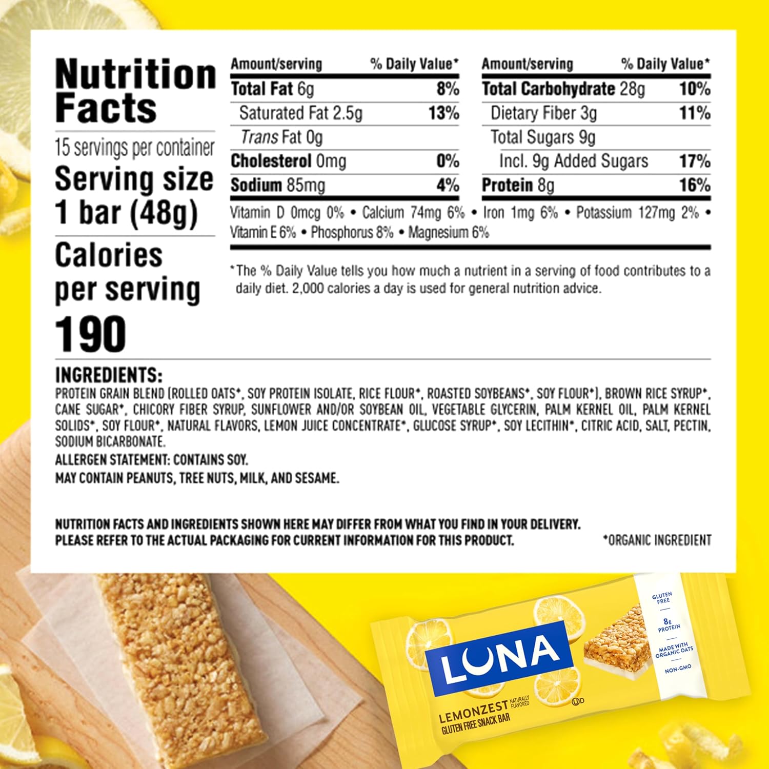 LUNA Bar LemonZest, Gluten Free Snack Bars, 12ct