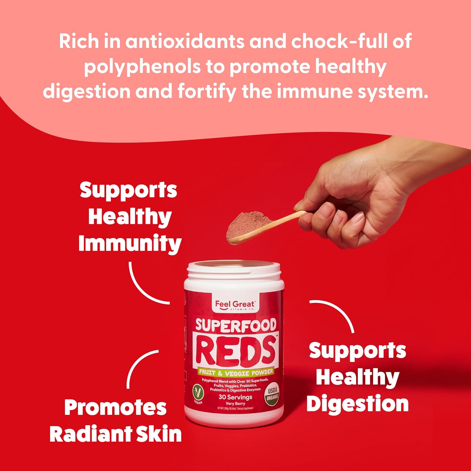 ​Feel Great Organic Superfood Reds Powder Packed with Beet Root Powder | Digestive Support Including Bloating Relief | Fruit and Veggie