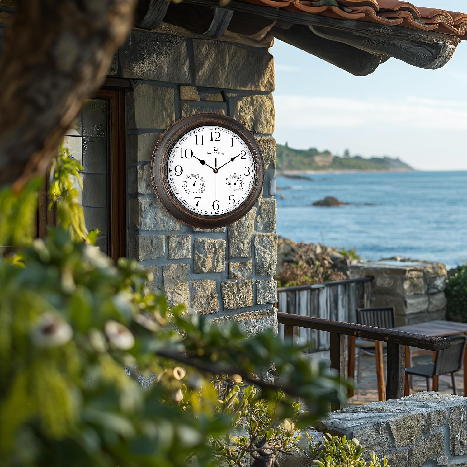 Lafocuse 12 Inch Brown Outdoor Wall Clocks with Temperature and Humidity