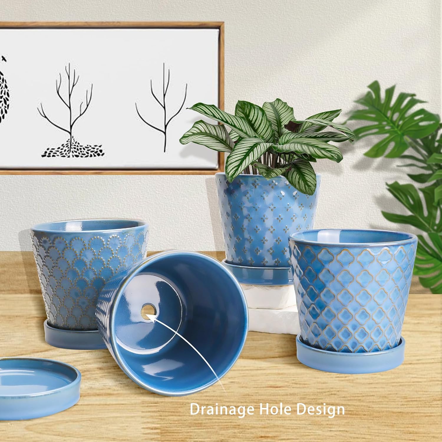 EFISPSS Ceramic Plant Pots, 5 Inch Planters with Drainage Holes and Ceramic Tray, Relief Design Flower Planter