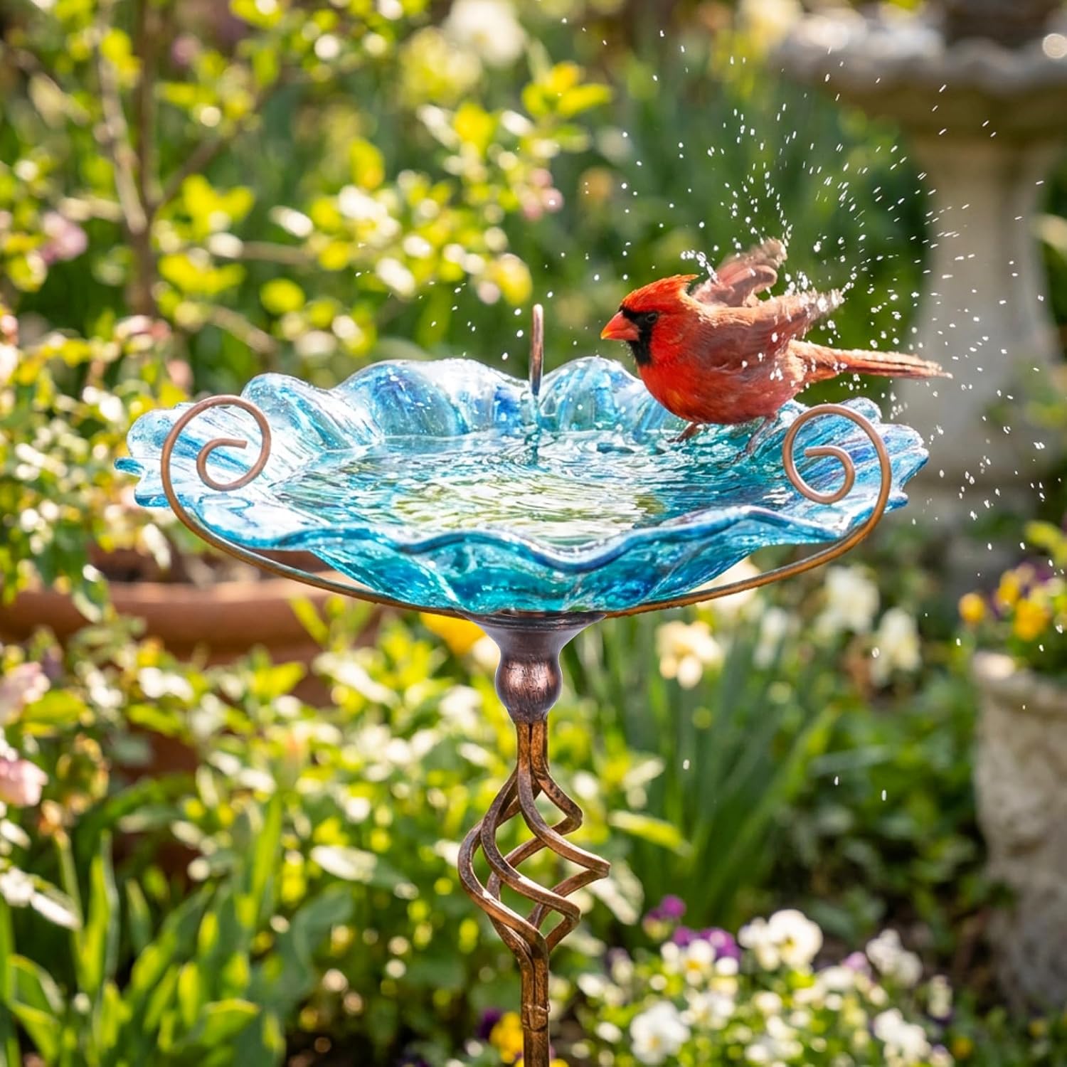 MUMTOP Bird Bath Outdoor, Glass Birdbath Bowl with Stake Garde Decor, Blue