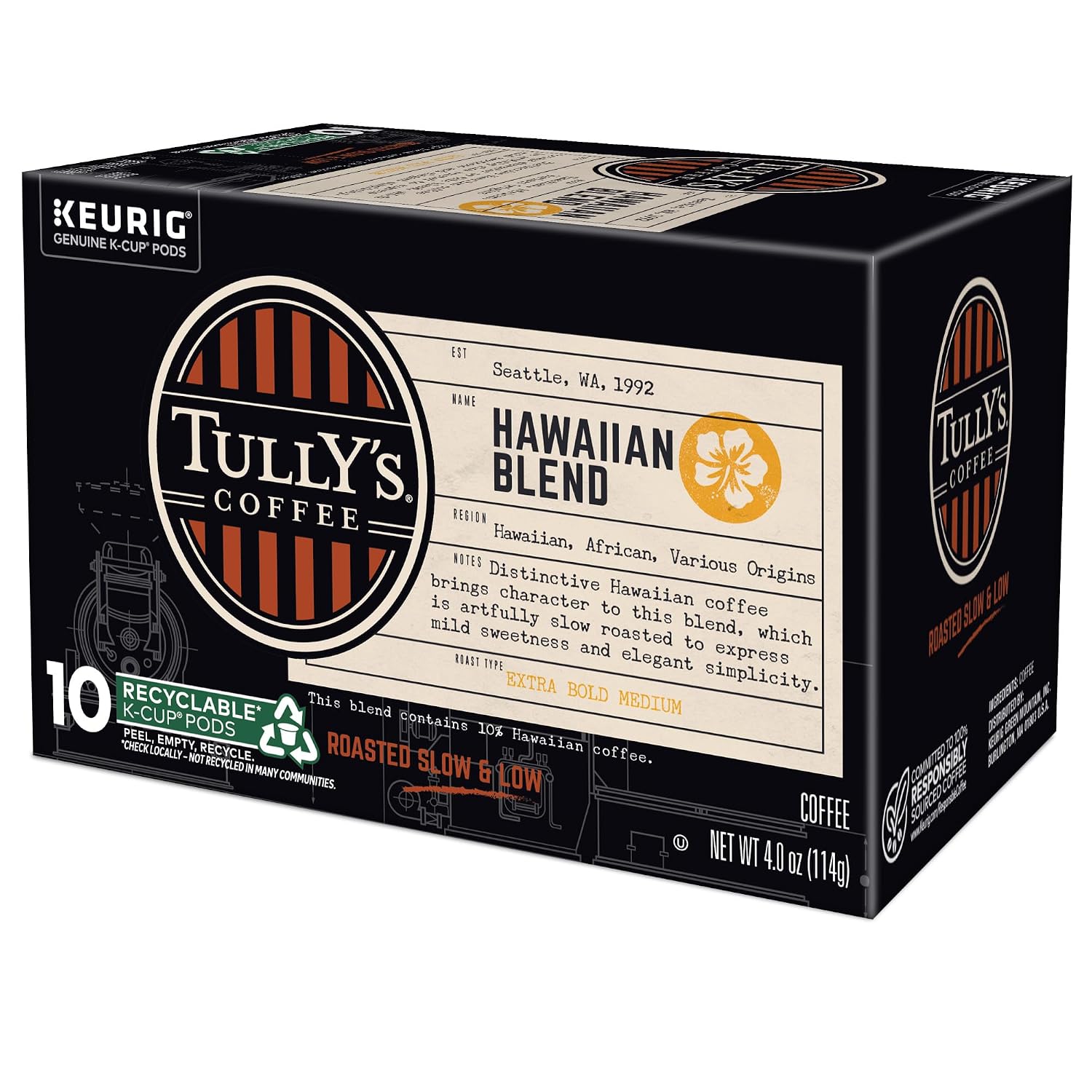 Tully's Coffee Hawaiian Blend Keurig Single-Serve K-Cup Pods, Medium Roast Coffee, 96 Count