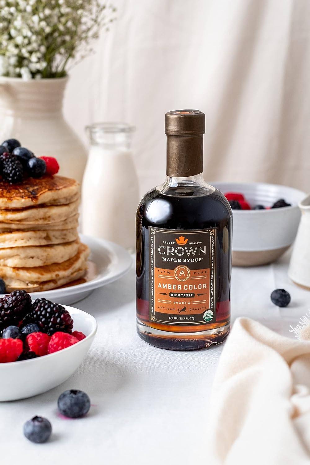 Crown Maple Organic 100% Pure Amber Color Rich Taste Maple Syrup, Flavor Marinades, Cocktails, Pancakes, Squash & Bacon, 12.7 Fl Oz