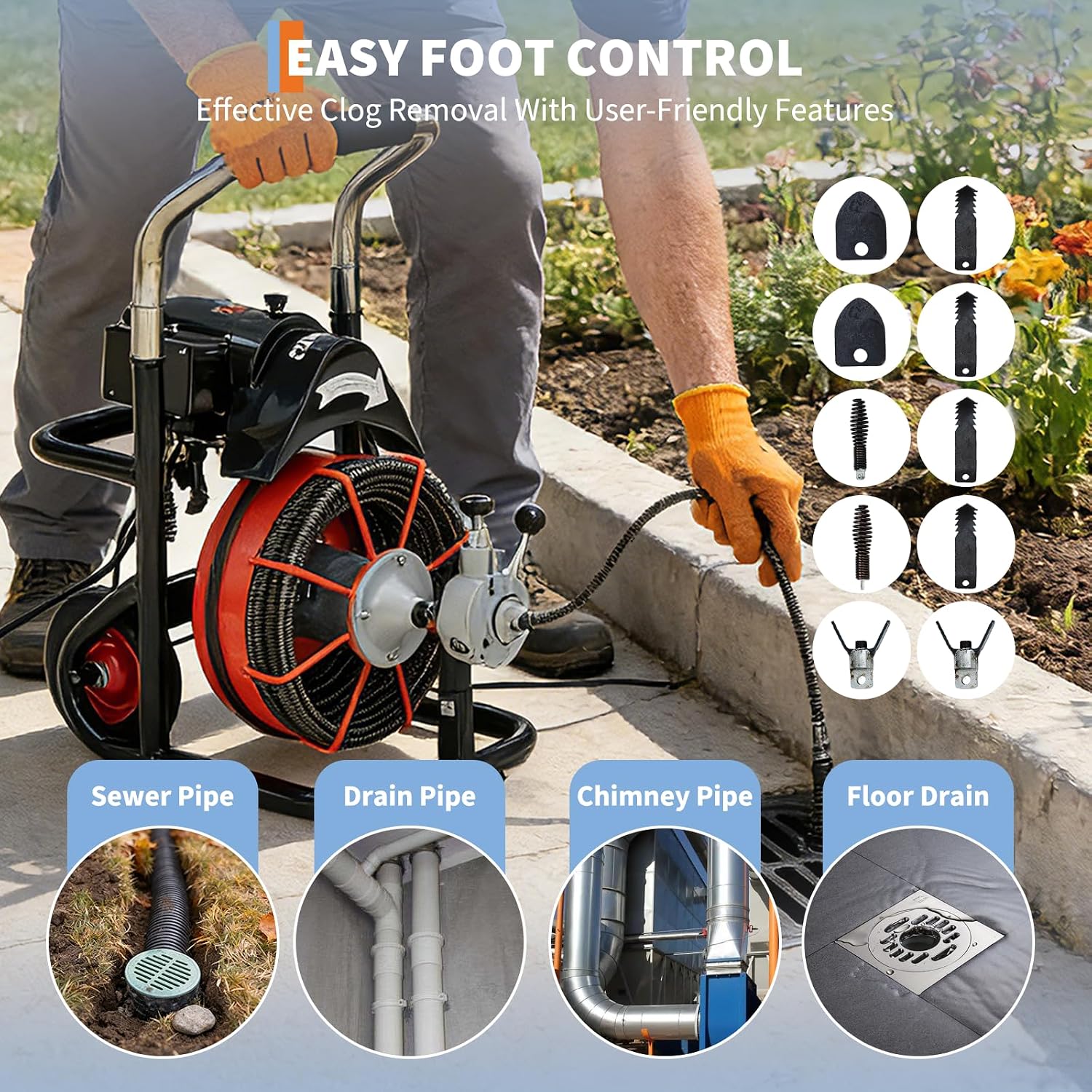 100FT x 3/8 Inch Drain Cleaning Machine with 10 Cutters & Air-Activated Foot Switch, Auto Feed Drain Snake Auger on Wheels
