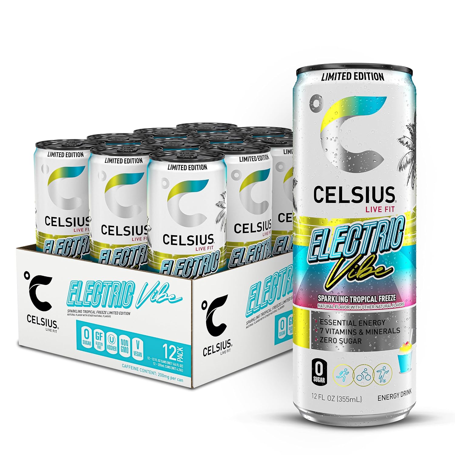 CELSIUS PEACH VIBE Sparkling White Peach, Sugar Free Energy Drink, 12 Fl Oz (Pack of 12)