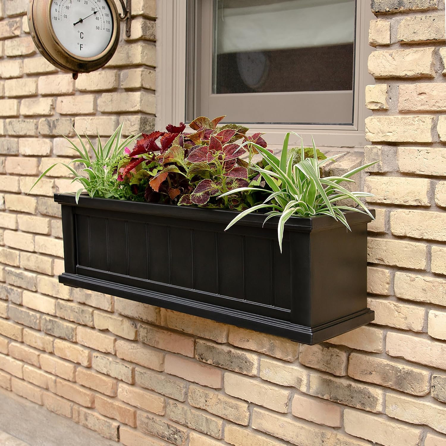Mayne Cape Cod 3ft Window Box - Black - 36in L x 11in W x 10.8in H - with 6.5 Gallon Built-in Water Reservoir (4840-B)