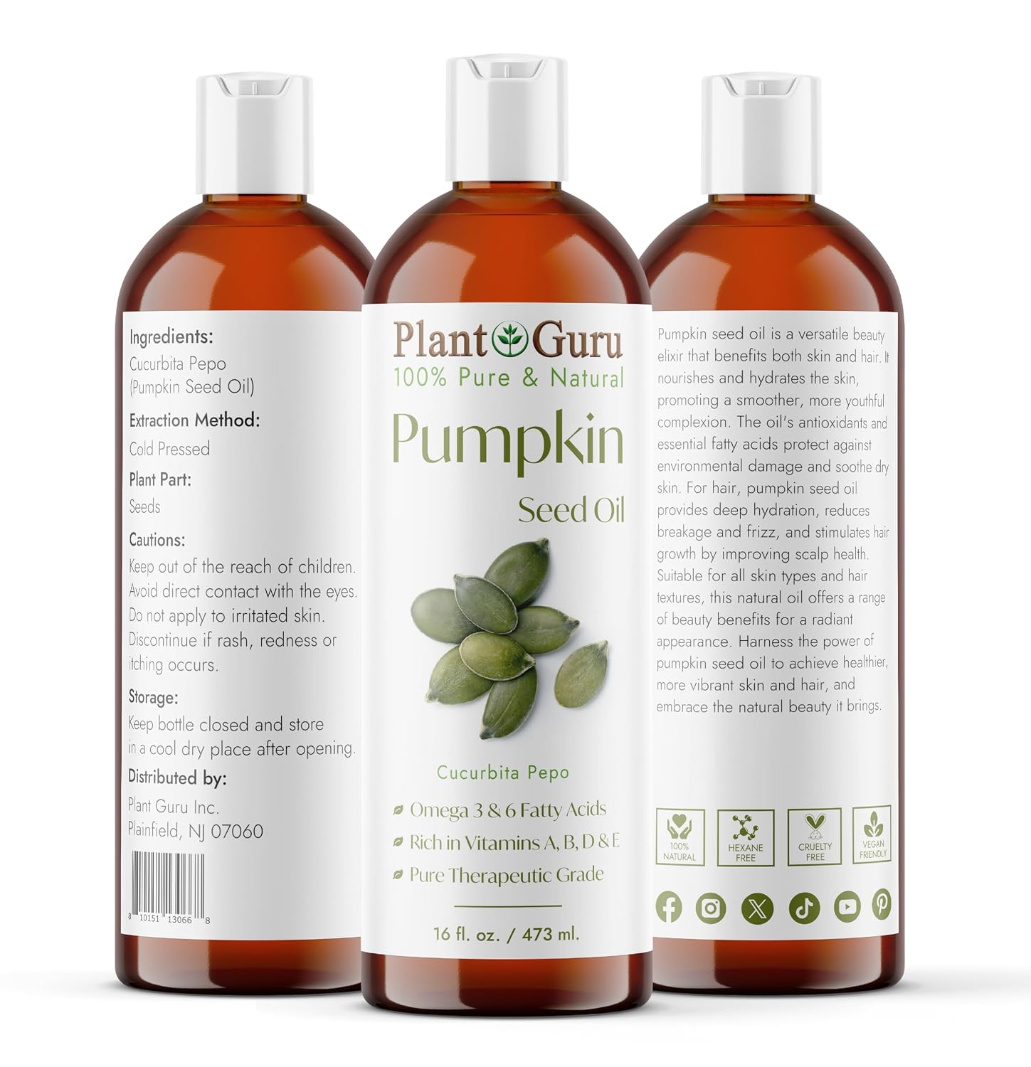 Plant Guru Pumpkin Seed Oil 16 oz. Virgin, Unrefined Cold Pressed 100% Pure Natural – Ideal for Skin, Face, Body