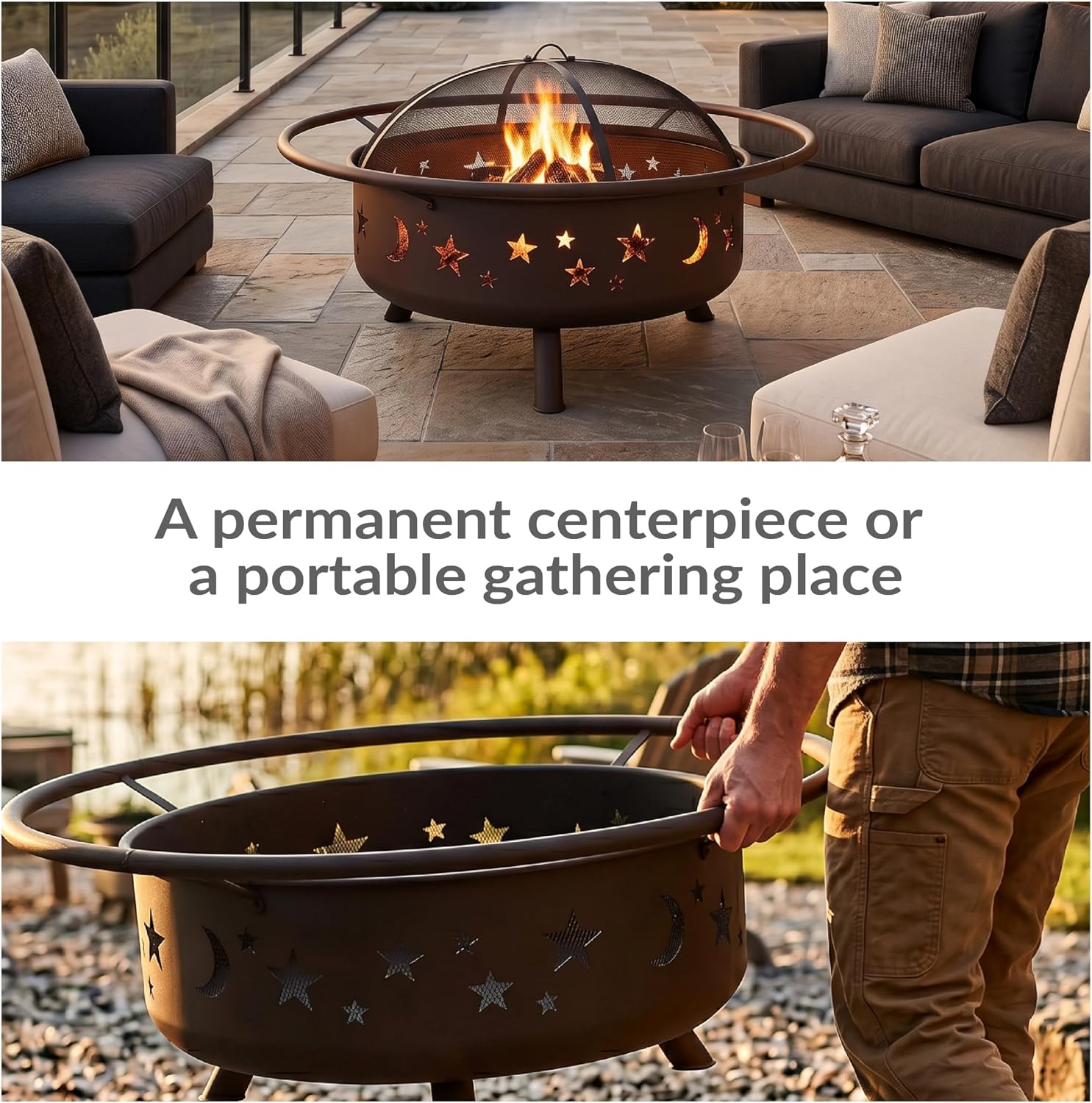 Sunnydaze Cosmic 42" Large Outdoor Fire Pit, Wood Burning, 34" Bowl Dia | Bronze, Heavy Duty Steel Metal, Includes Spark Screen, Wood Grate, & Poker, Round Backyard Firepit for Outside, Patio, Deck
