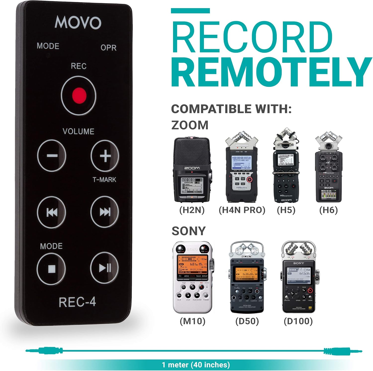 Movo REC-4 Wired Remote Control for Zoom H2n, H4n Pro, H5 and H6 Portable Digital Handy Recorders - Also Compatible with Sony M10, D50, D100