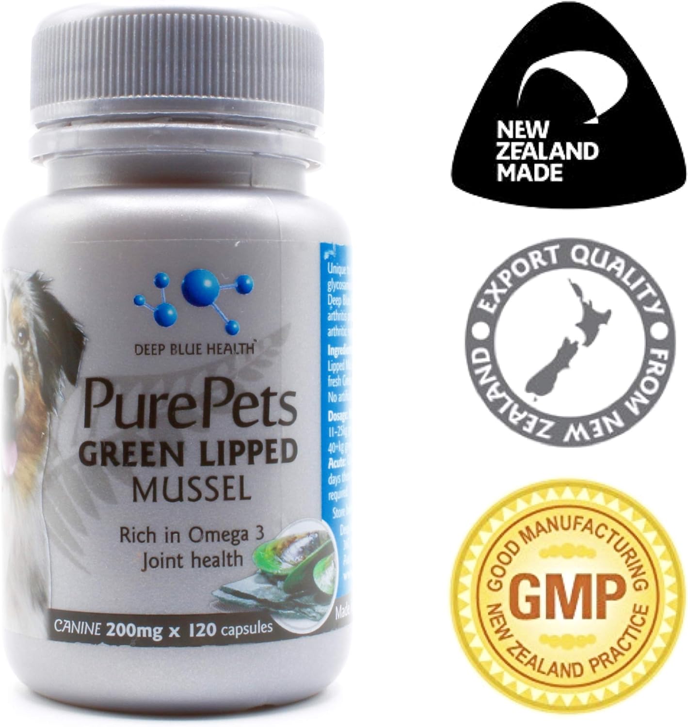 PurePets New Zealand Green Lipped Mussel Capsules for Dogs and Cats - 200mg x 120 Capsules - for Hip & Joint Support - 100% Natural Arthritis Pain