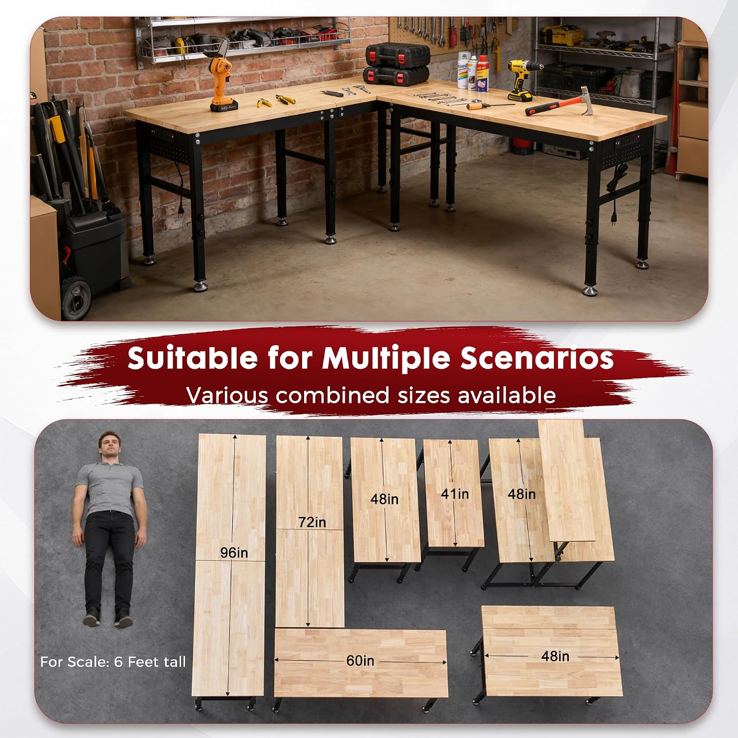 48" Adjustable Rubberwood Workbench with Foldable Extension Board & Power Outlet, Extra Large 48x32In 9-Level Height 27"-37", 2000 LBS Heavy Duty for Workshop Garage Office Home