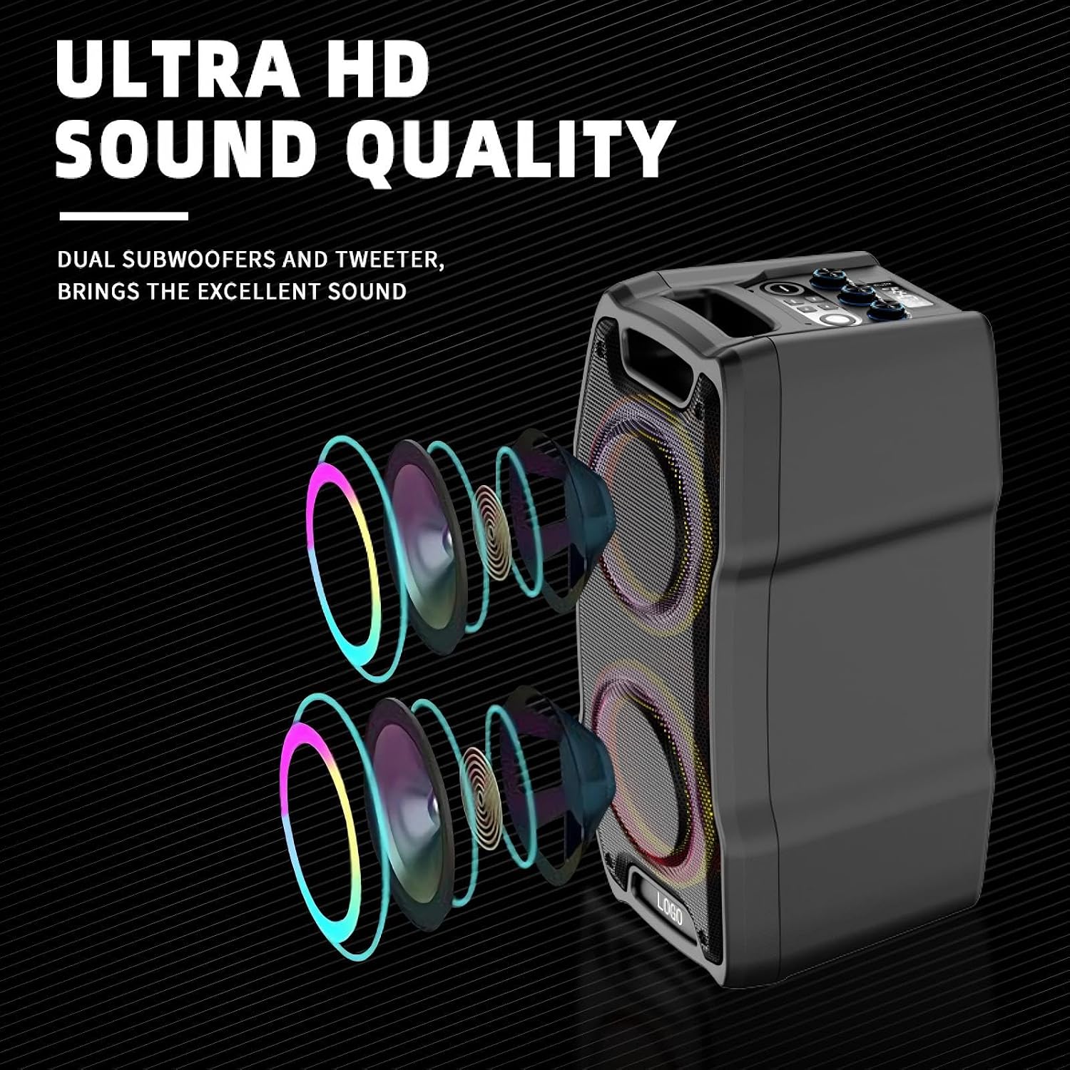 VeGue Karaoke Machine, Wireless Bluetooth PA System for Adults & Kids with Dual 8'' Subwoofers, 2 UHF Wireless Mics, Colorful LED Lights