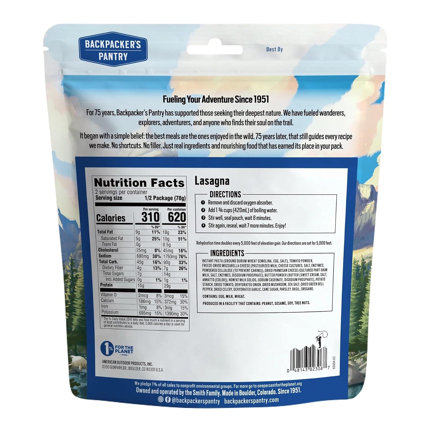 Backpacker's Pantry Lasagna | 1-Pack | 29g Protein | 620 Cal | Vegetarian, Nut Free | Made in the USA | Freeze Dried Meal & Camping Food