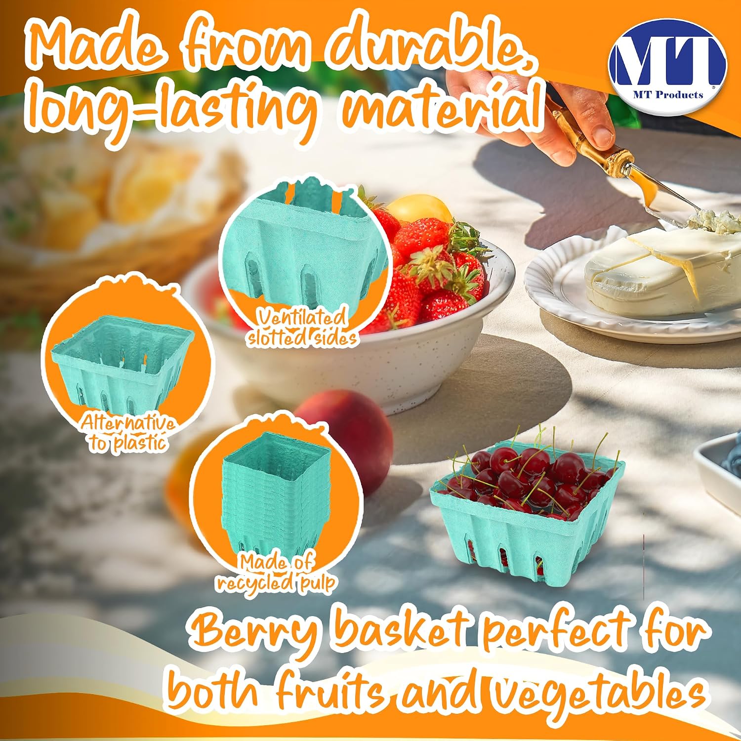 MT Products Green Berry Basket 1 Quart - Molded Pulp Fiber Vented Produce Basket (Pack of 15) - Made in the USA