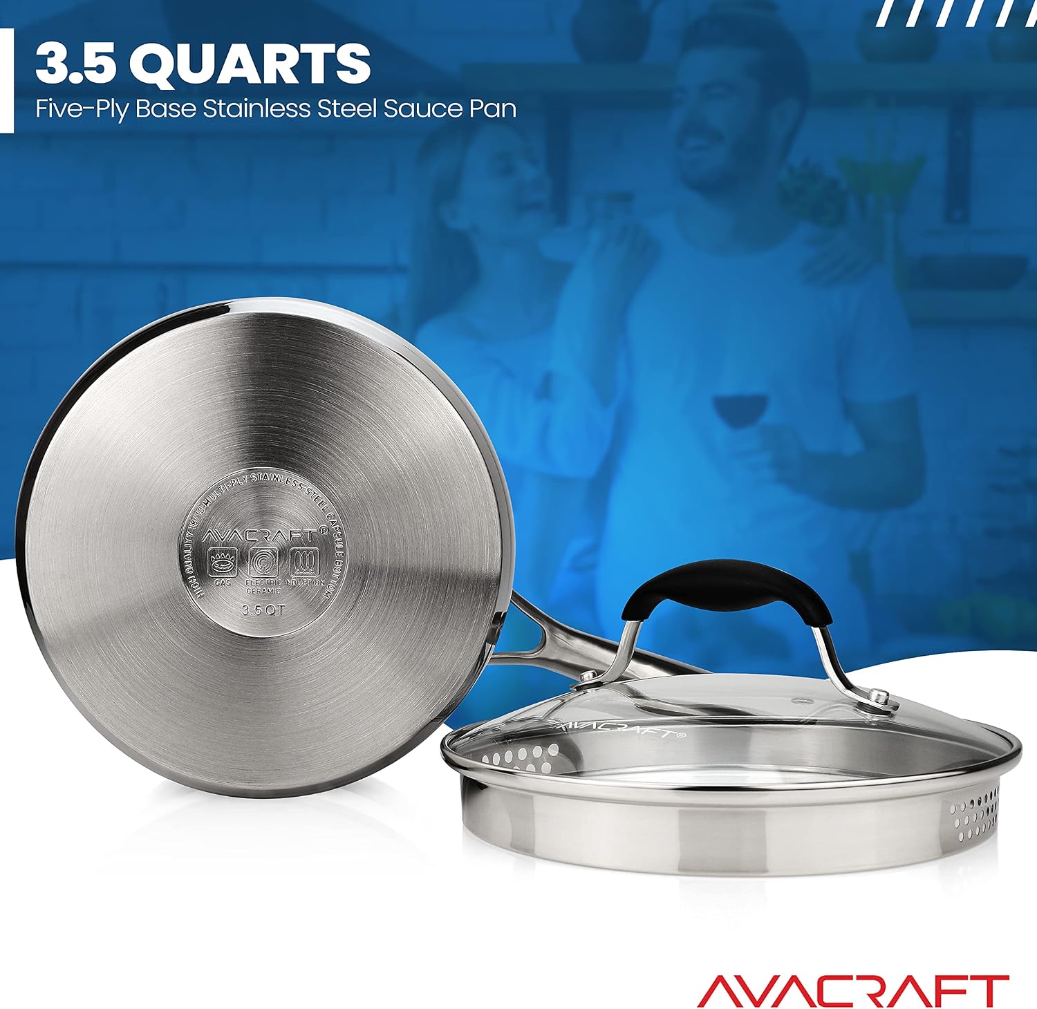 AVACRAFT 2.5 Quart Stainless Steel Saucepan with Glass Strainer Lid | 18/10 Stainless Steel, 5-Ply Capsule Base, Dual Pour Spouts, Induction Compatible, Ergonomic Handle, Dishwasher Safe