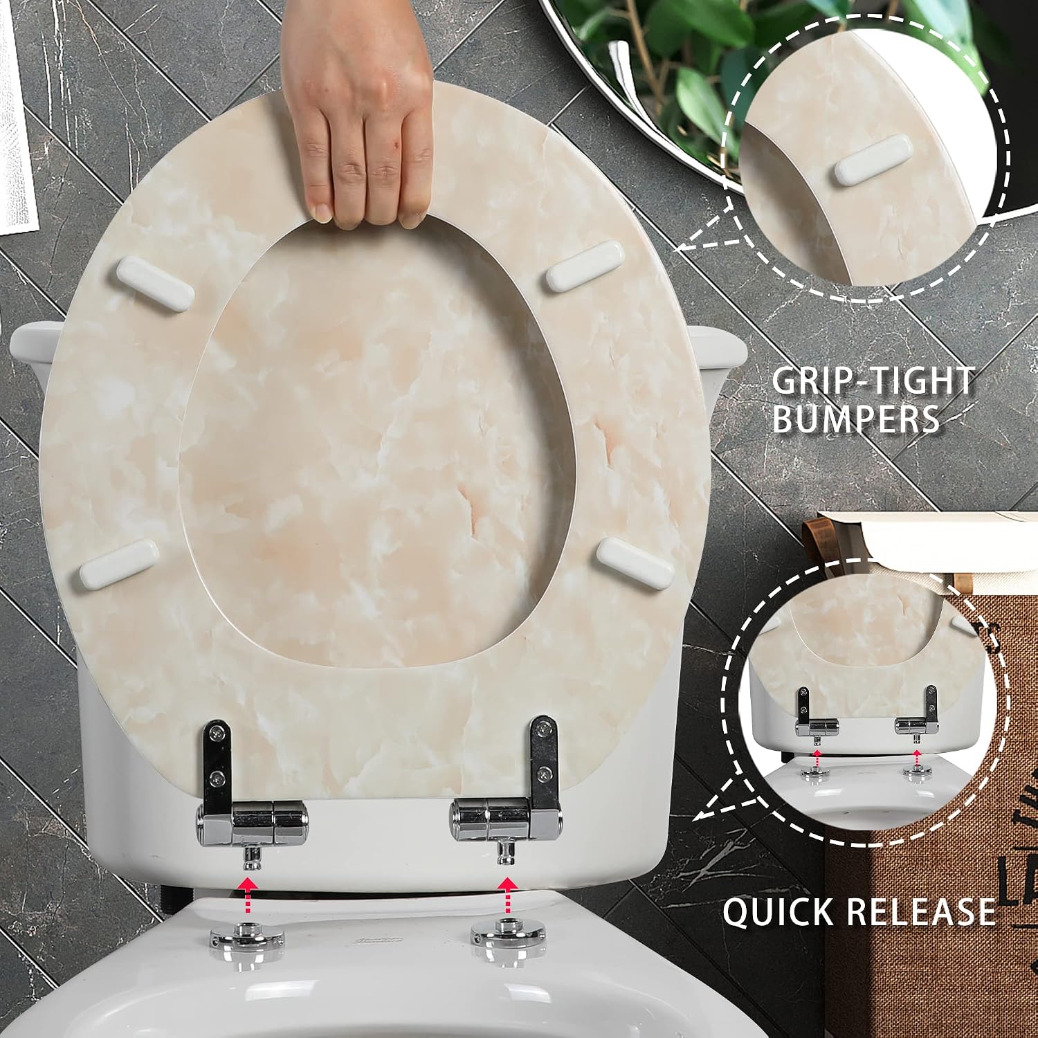 Angel Shield Marble Toilet Seat Durable Molded Wood with Quiet Close,Easy Clean，Quick-Release Hinges (Elongated,Black Marble)