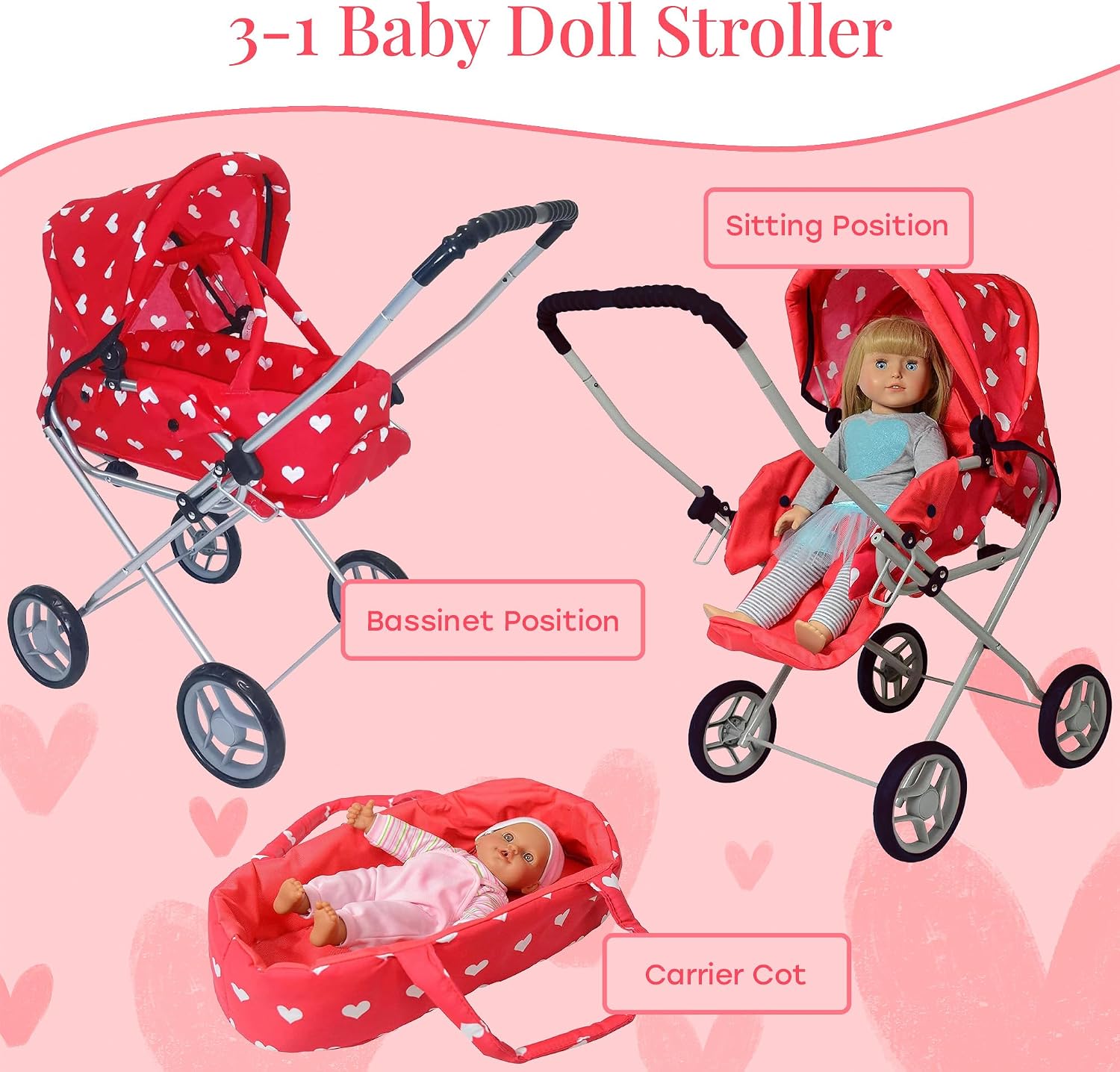 Baby Doll Stroller Play Set, 3-in-1 Babydoll Stroller with Removable Bassinet Baby Carriage for Dolls Toy Doll Stroller for Toddlers 3-4 Years,