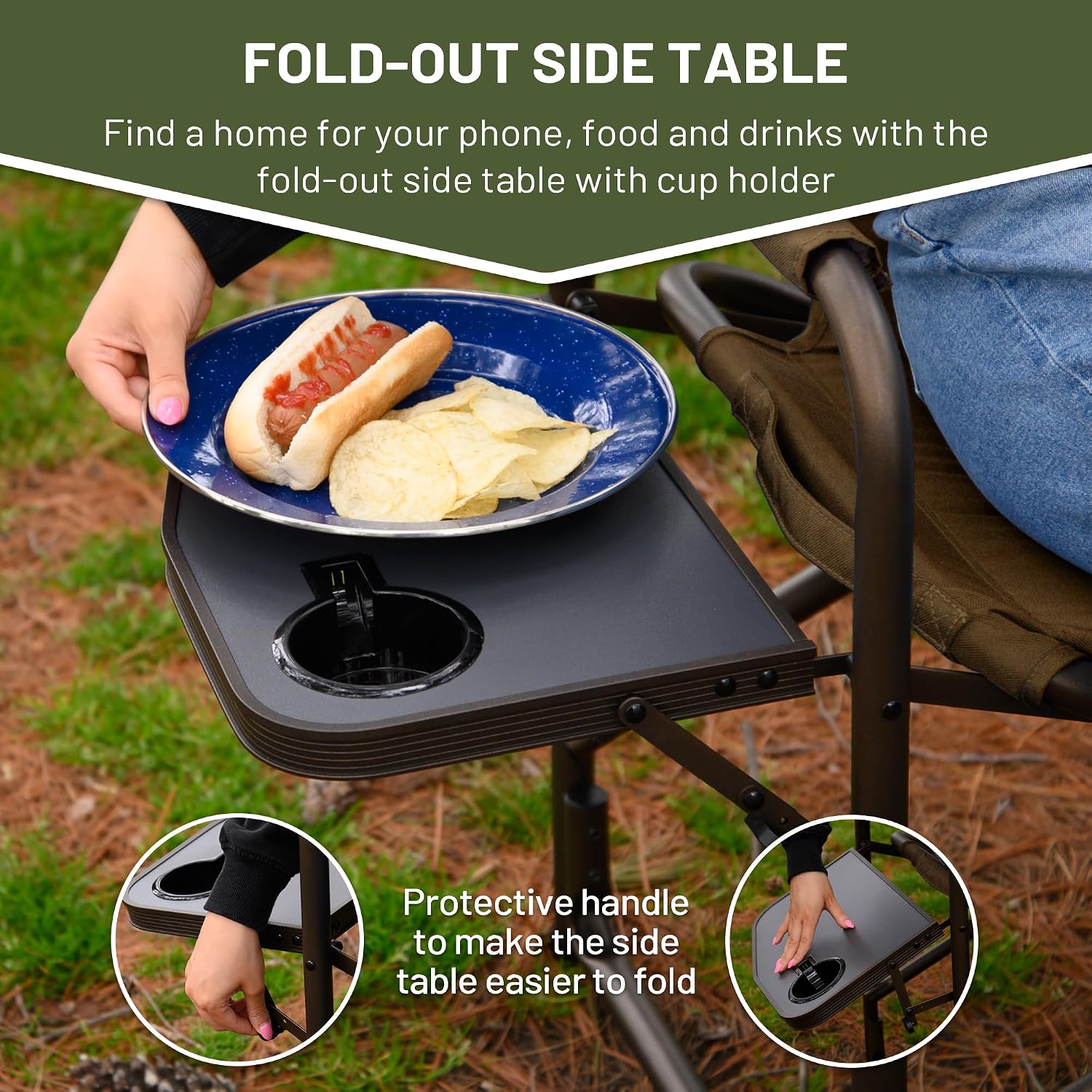 TIMBER RIDGE Lightweight Camping Chair, Portable Laurel Director's Chair with Foldable Side Table, Cooler Bag & Mesh Pocket, Compact Outdoor Folding Lawn Chair, Supports 300lbs, Grey