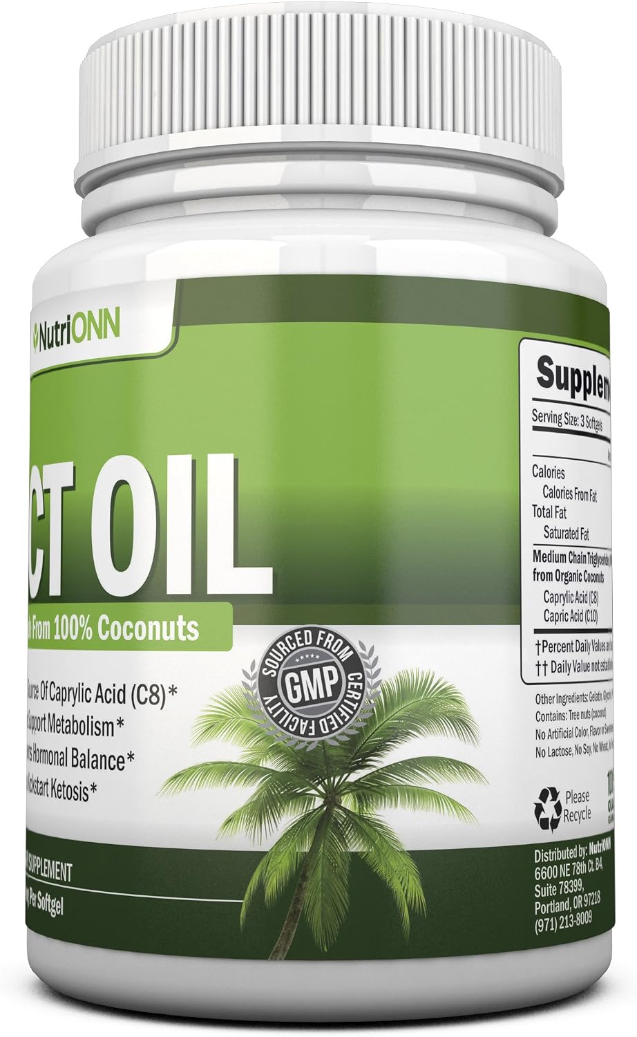 NutriONN MCT Oil - 3000mg Per Serving - 180 Softgels - Made from 100% Organic Coconuts - Non GMO, Cold Pressed
