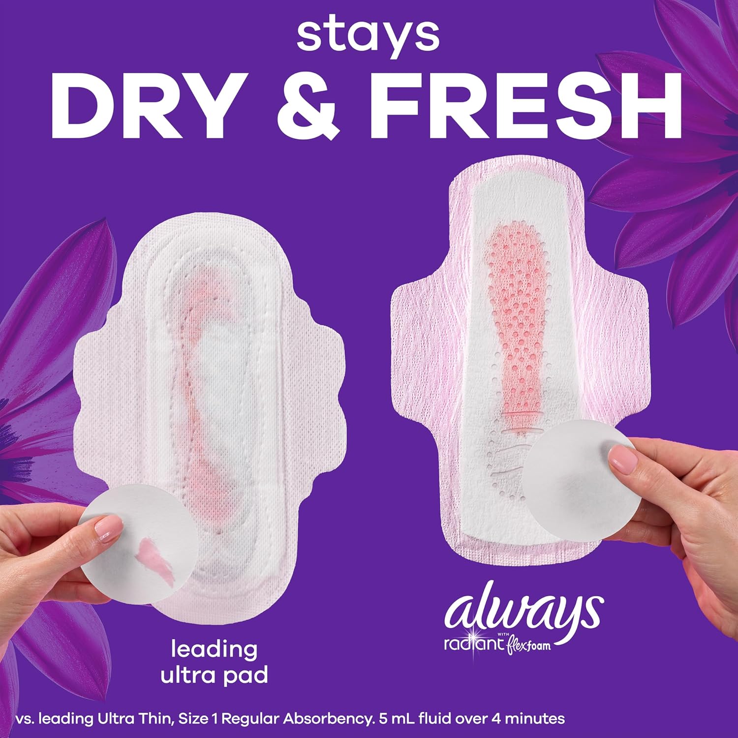 Always Radiant Feminine Pads for Women, Flexfoam Pads with Wings, Size 4, Overnight Absorbency, Lightly Scented, 60 Count (3 Packs of 20)