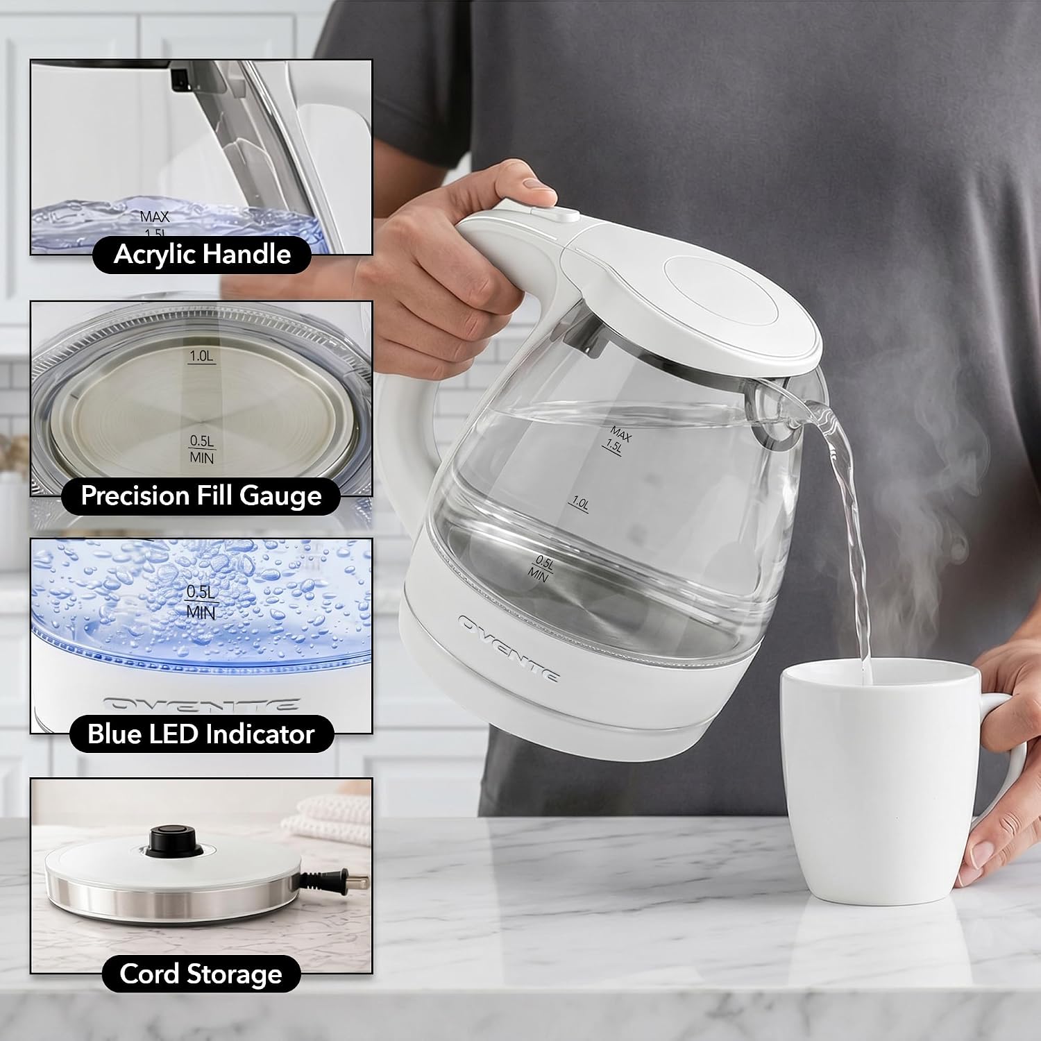 OVENTE 1.5L Glass Electric Kettle Water Boiler, Black KG83B | 1100W Fast Boiling, Borosilicate Glass, BPA-Free, Blue LED, Auto Shut-Off, Boil-Dry Protection, Removable Filter, 360° Base
