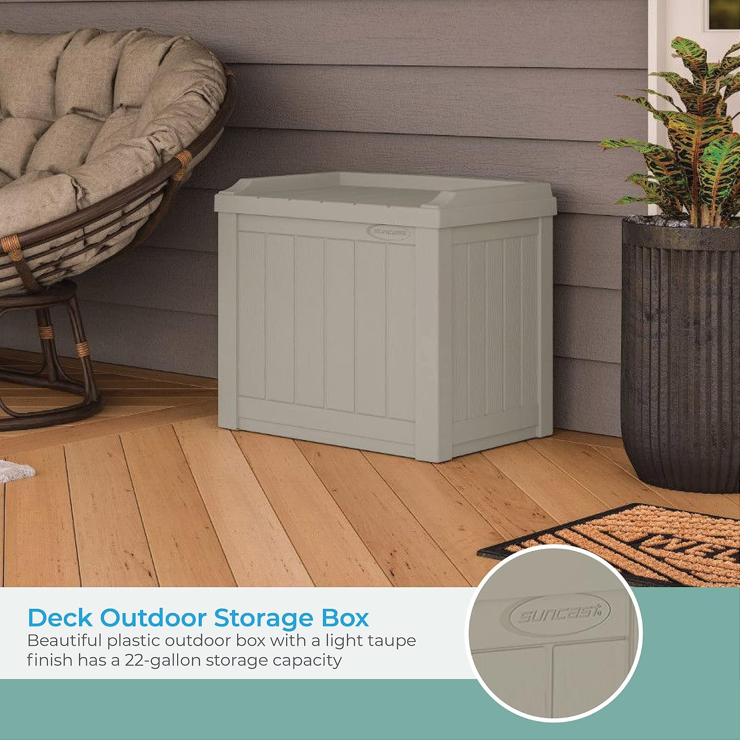 Suncast Outdoor Storage Box - 22 Gallon Light Taupe Resin Outdoor Deck Box with Seat, Weatherproof Patio Storage Bin Container for Keeping Cushions