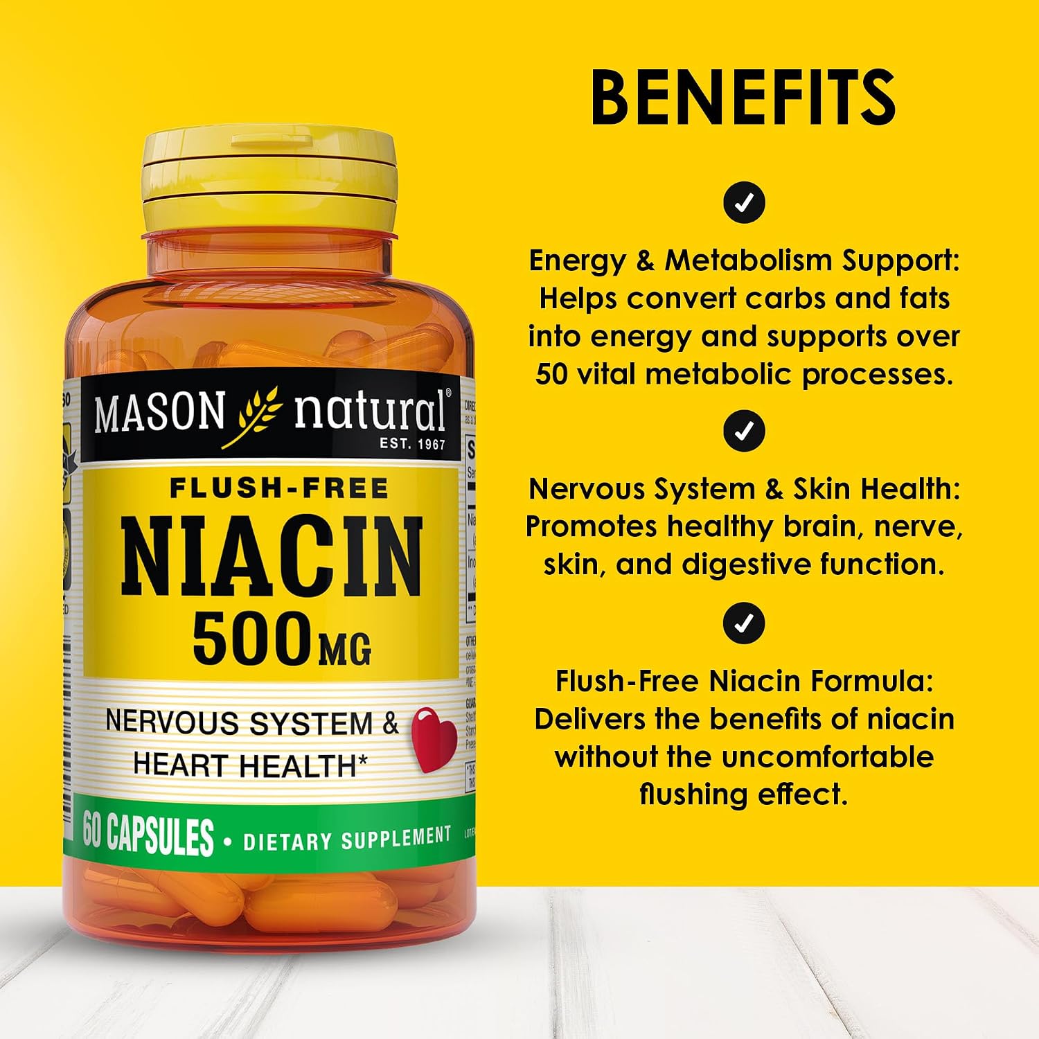 MASON NATURAL Niacin 500 mg Flush-Free, Supports Heart Health, Nervous System & Energy Production, 60 Capsules