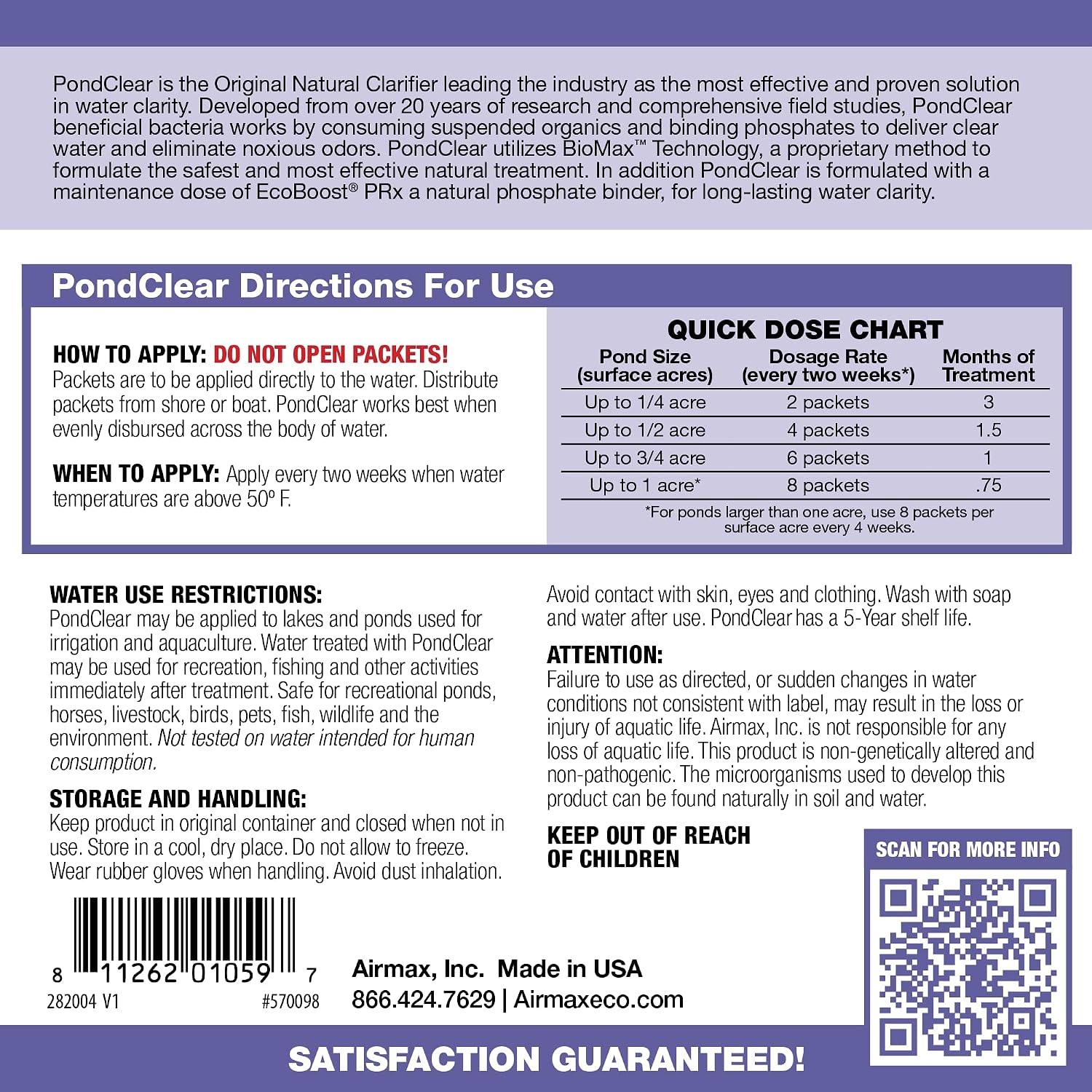 Airmax PondClear Packets Beneficial Bacteria Pond Clarifier, 24 Count | Enzyme Clarifier with EcoBoost PRx to help clear and clean pond and lake water while remaining safe for fish