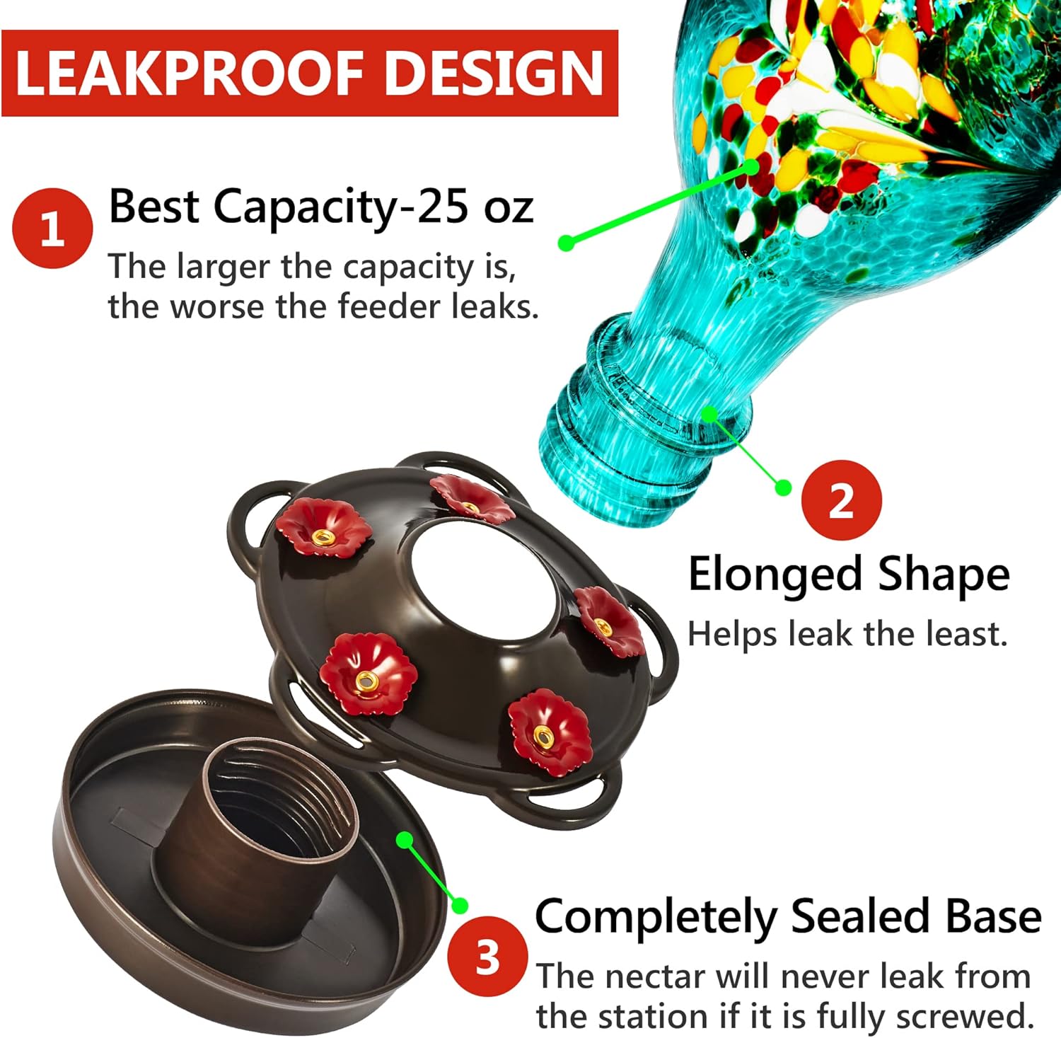LUJII Hummingbird Feeder, Hand Blown Glass Hummingbird Feeder, Never Fade, 36 Fluid Ounces, 5 Feeding Metal Stations, Much Bigger, Garden Backyard Decorative, Containing Ant Moat (Blue)