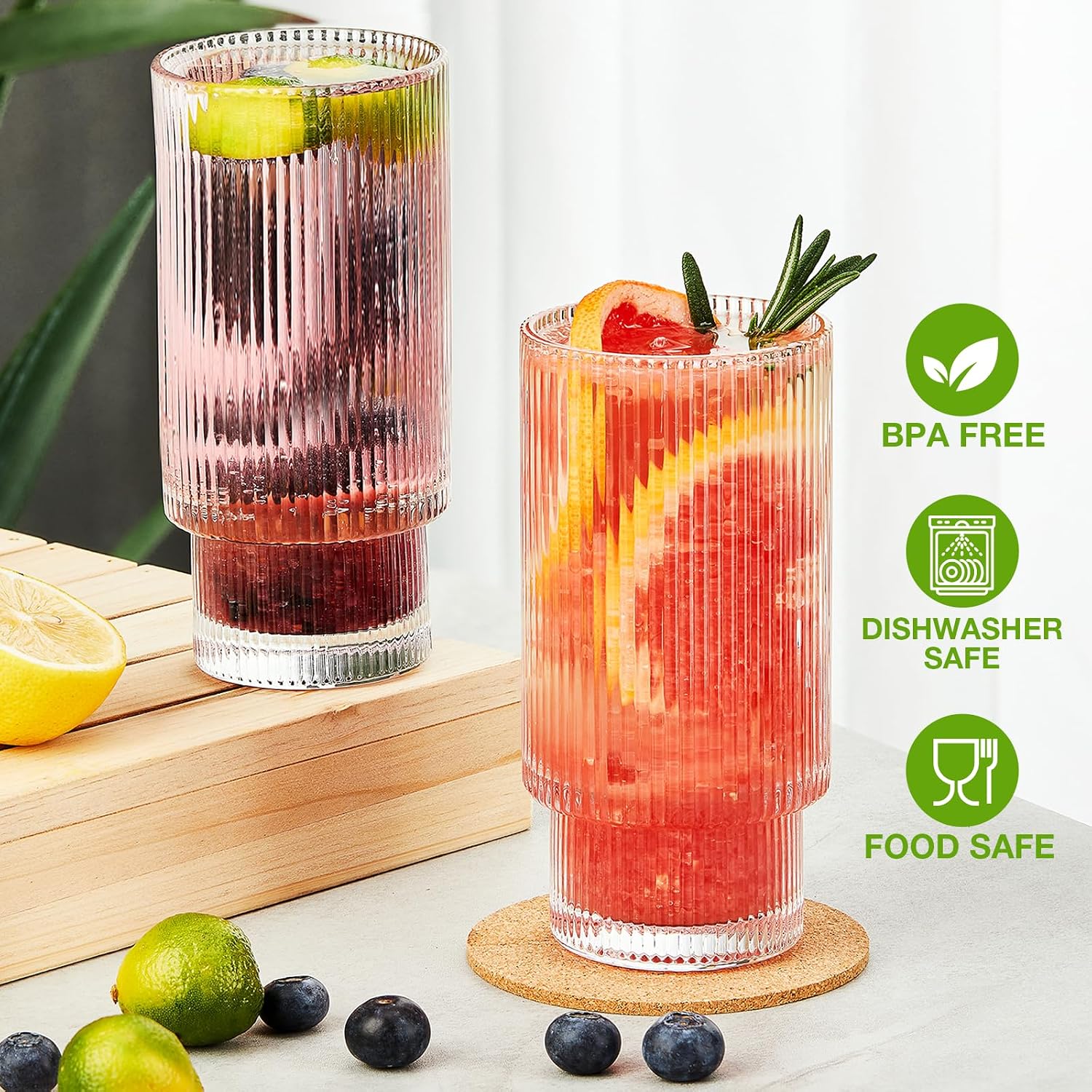 Qipecedm® 6 Pack Ribbed Drinking Glasses, 16 oz Vintage Glass Cups, Highball Glasses, Premium Iced Coffee Glasses, Clear Glass Tumbler