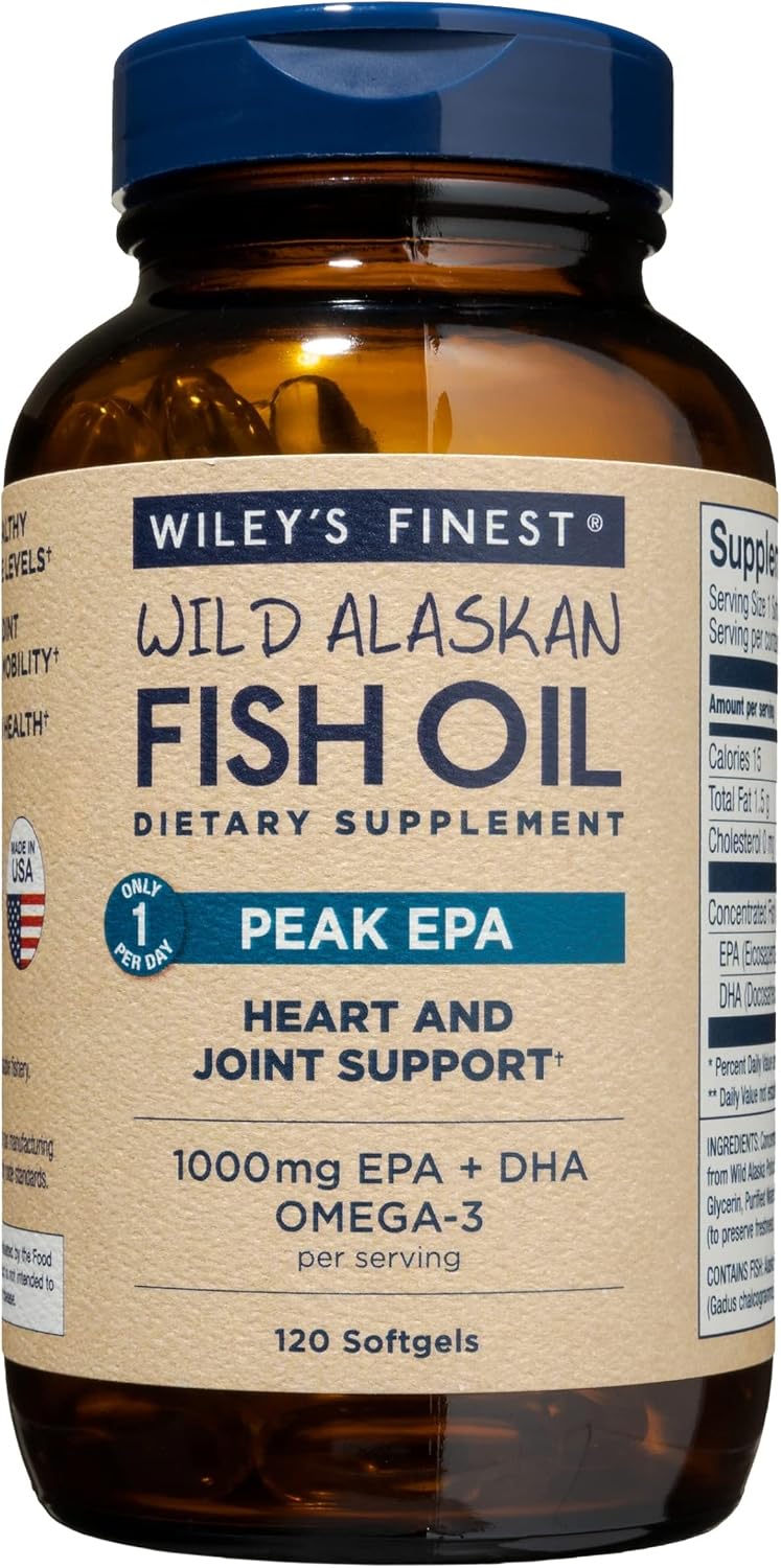 Wiley's Finest Wild Alaskan Fish Oil Peak EPA - Triple Strength Peak EPA & DHA Supplement - 1000mg Fish Oil - Omega-3s for Joint Health Support - 30 Softgels (30 Servings)