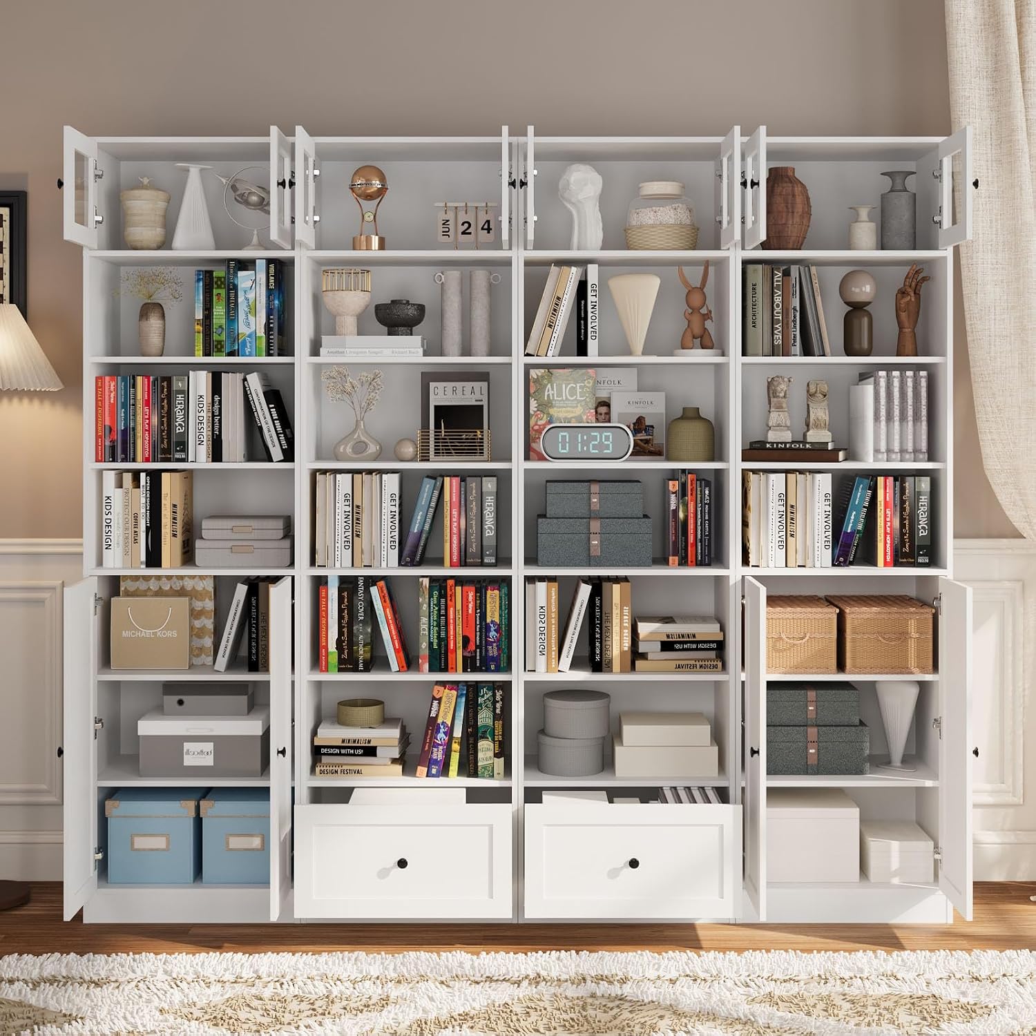 TUSY 85.5 Inch Tall Bookshelf with Doors - 7 Tier Bookcase with Glass Doors and Drawer, 23.6" Wide Storage Cabinet with Open Shelves for Living Room, White Book Shelf for Home Office, Study (AAAA)
