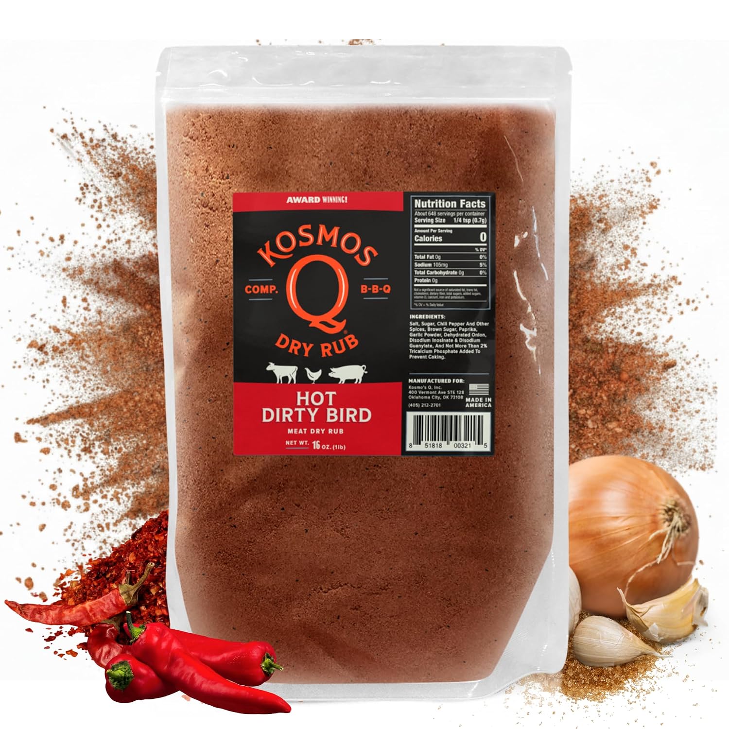 Kosmos Q Hot Dirty Bird BBQ Dry Rub, Spicy Seasoning with Chili Pepper, Brown Sugar, Garlic & Onion for Chicken, Turkey, Ribs, Pork, Dry Rub for Smoking & Grilling Meat, BBQ Spice Blend, 11 Oz Bag
