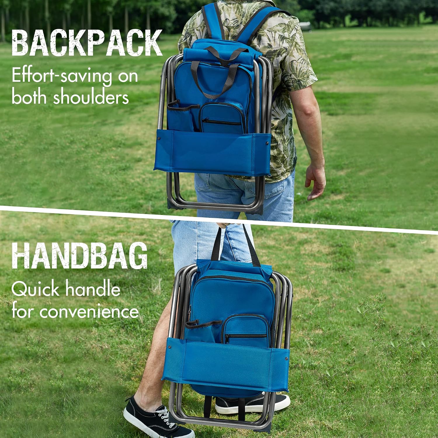 Portal Backpack Cooler Chair with Backrest, Portable Folding Stool | Blue, up to 350 lbs, Cup Holder, Zipper Pocket, Non-slip Foot