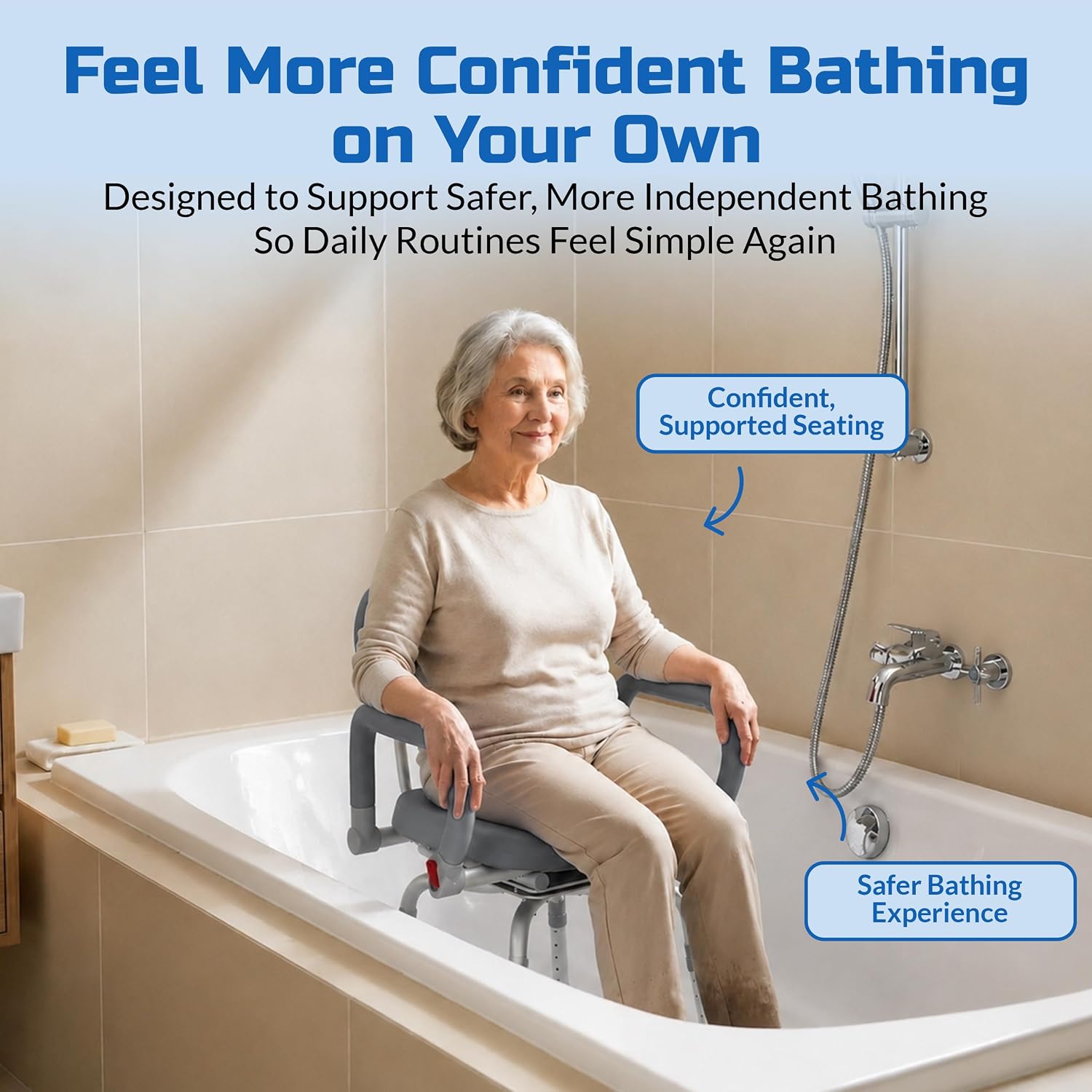 Swival Shower Chair with Padded seat for Inside ShowerFor Senior, Bath Seat | Sit Securely While Bathing - Blue, padded seat, padded armrests, swivel seat, tool-free assembly, 600 lb