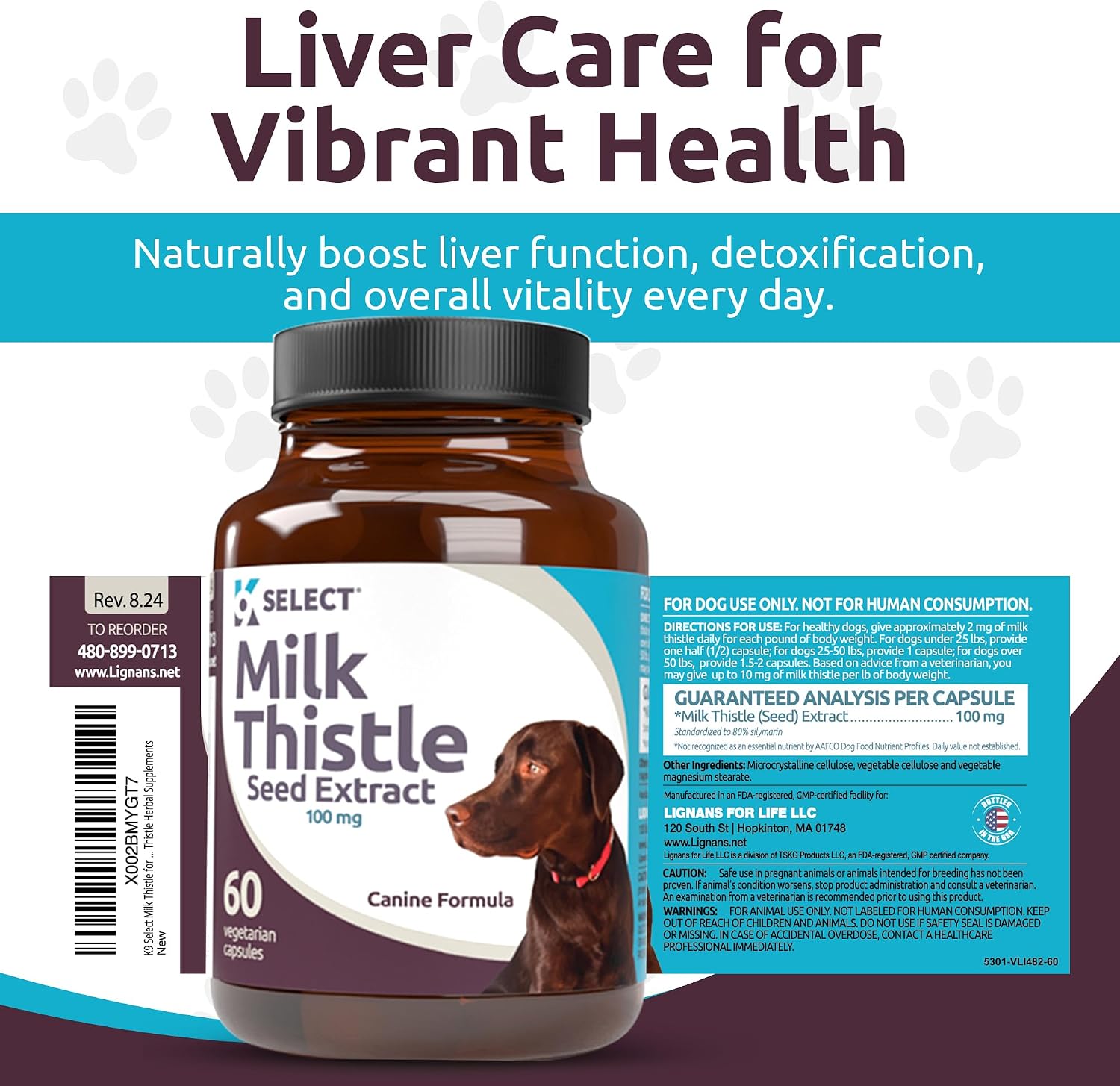Milk Thistle for Dogs, 100mg - 60 Vegetable Capsules - Canine Liver Health Milk Thistle Supplement - Milk Herbal