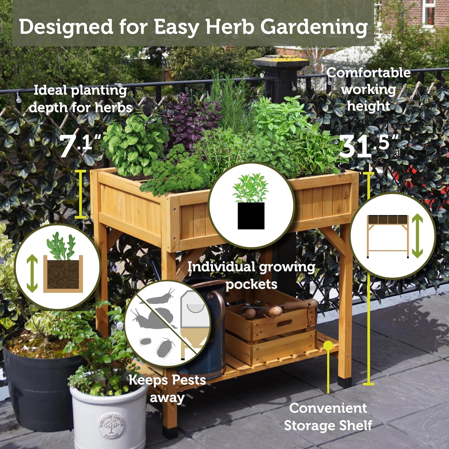VegTrug Custom Herb Garden Planter Box, Natural Cedar Wood - Versatile Multi-Liner Raised Garden Bed with Storage Shelf for Patio