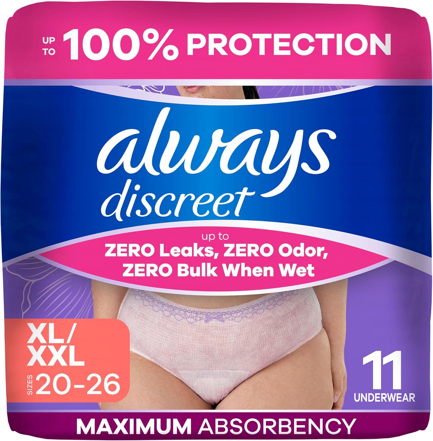 Always Discreet Adult Diapers for Women, Incontinence Underwear, Postpartum Essentials, Disposable Briefs, Max Absorbency, Bladder Leak Protection, Small/Medium, 32ct