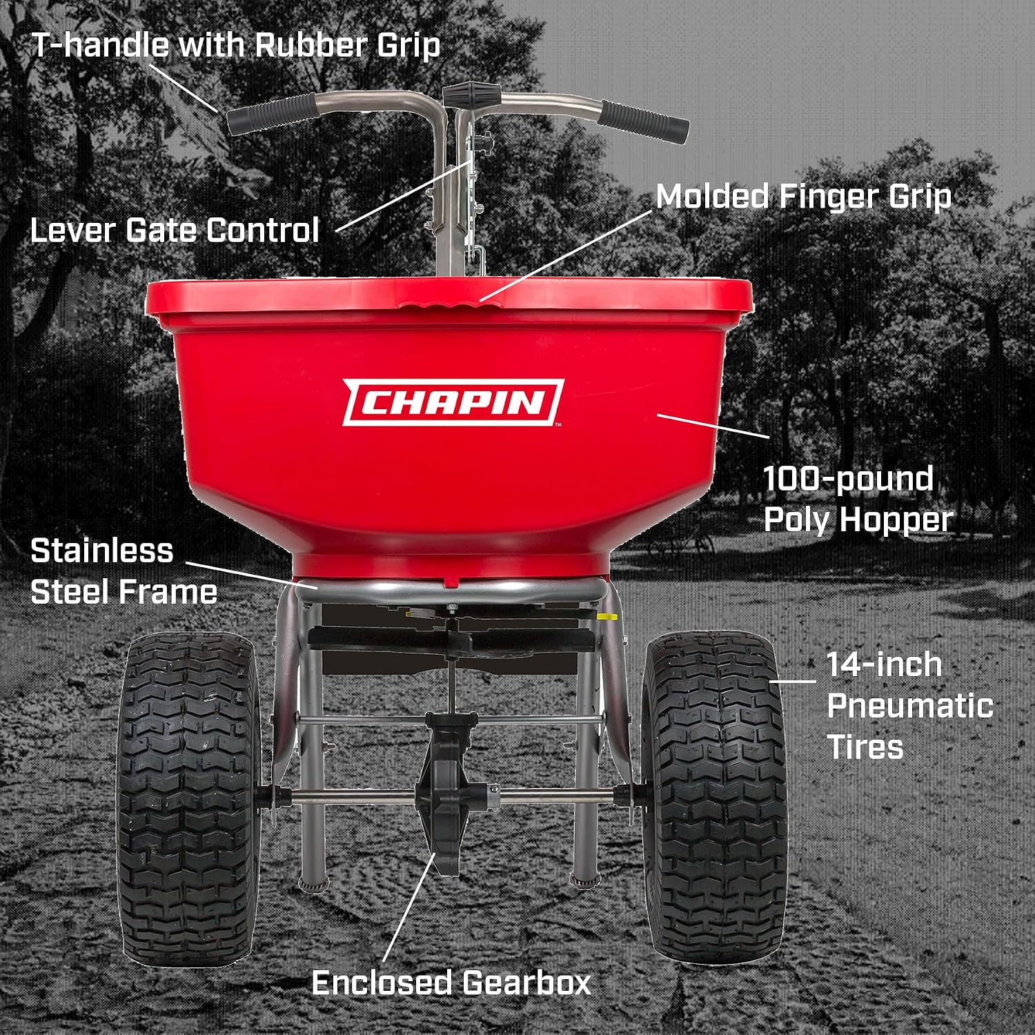 Chapin 8400C 100-Pound Capacity Made in USA Professional SureSpread Turf Spreader with Stainless Steel Frame and Linkage, Enclosed Gearbox