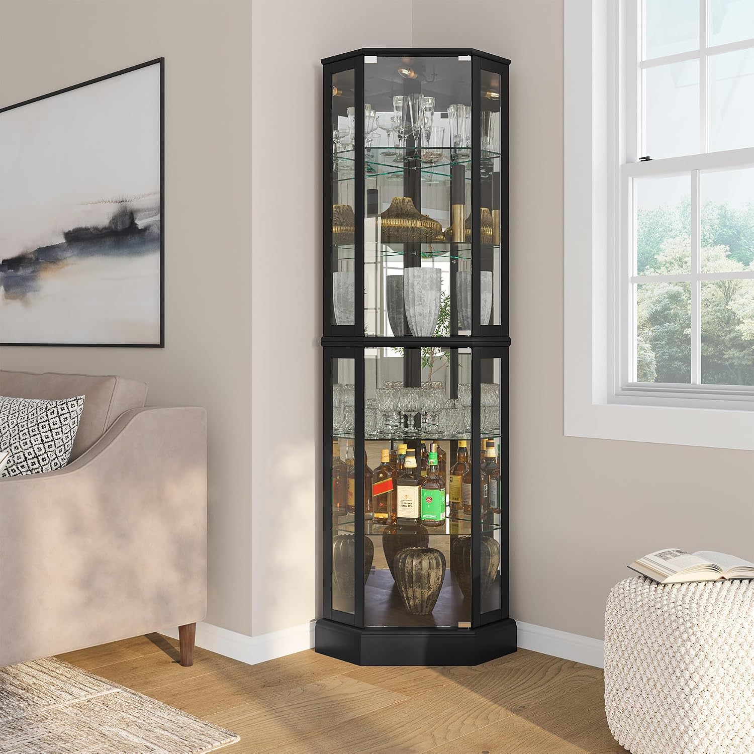BELLEZE Lighted Corner Display Curio Cabinet Wooden Curved Shelving Unit with Tempered Glass Door
