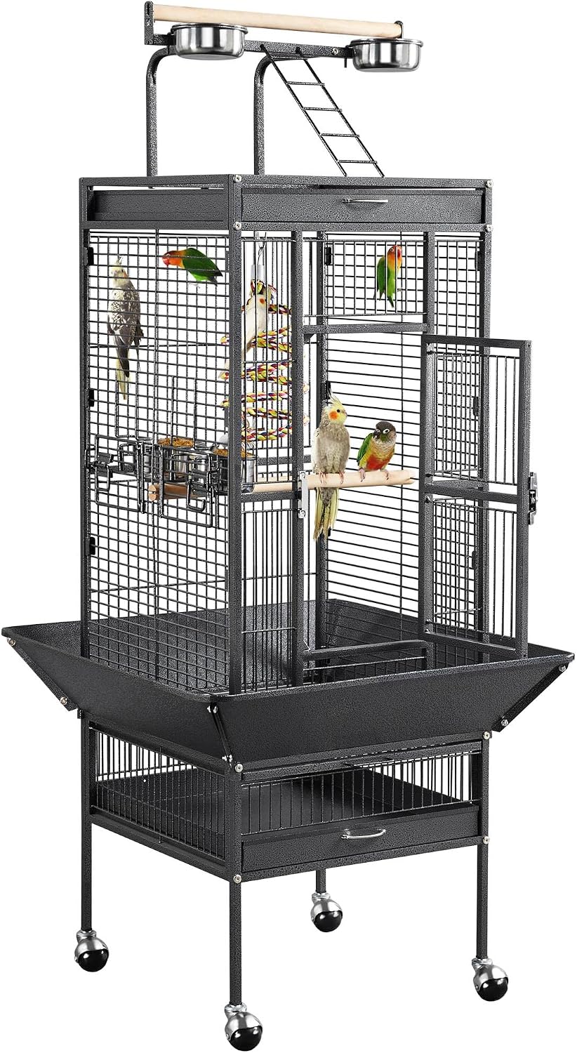 Yaheetech Wrought Iron Bird Cages, Play Top Large Aviary with Stand for Cockatiel Parrot Sun Parakeet Conures Lovebird Budgie Finch African Grey White, 61-inch